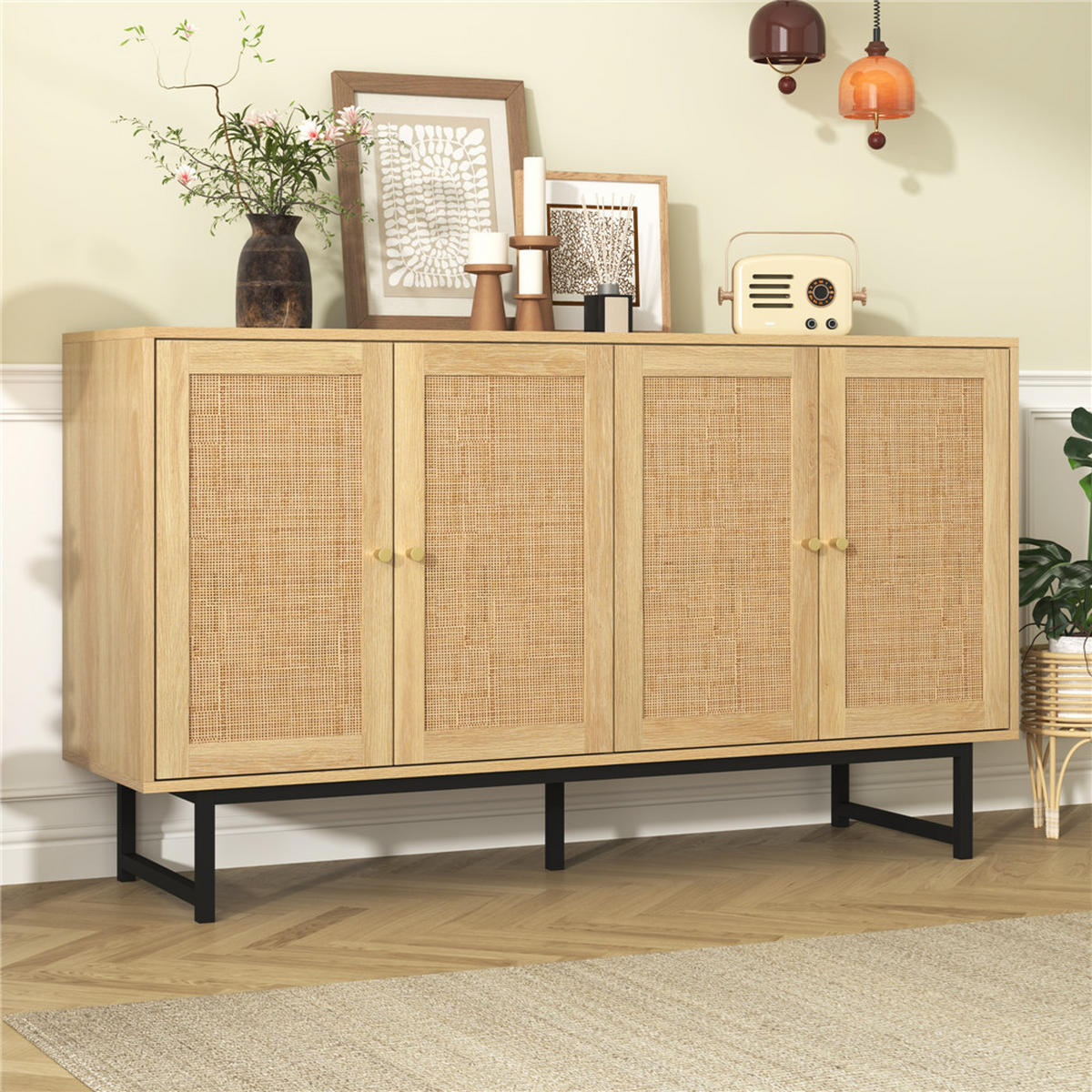 SIDEBOARD 140/80/39,5 cm mit 4 Türen Rattangeflecht - Naturfarben, Holz (140/80/39.5cm) - Kaket