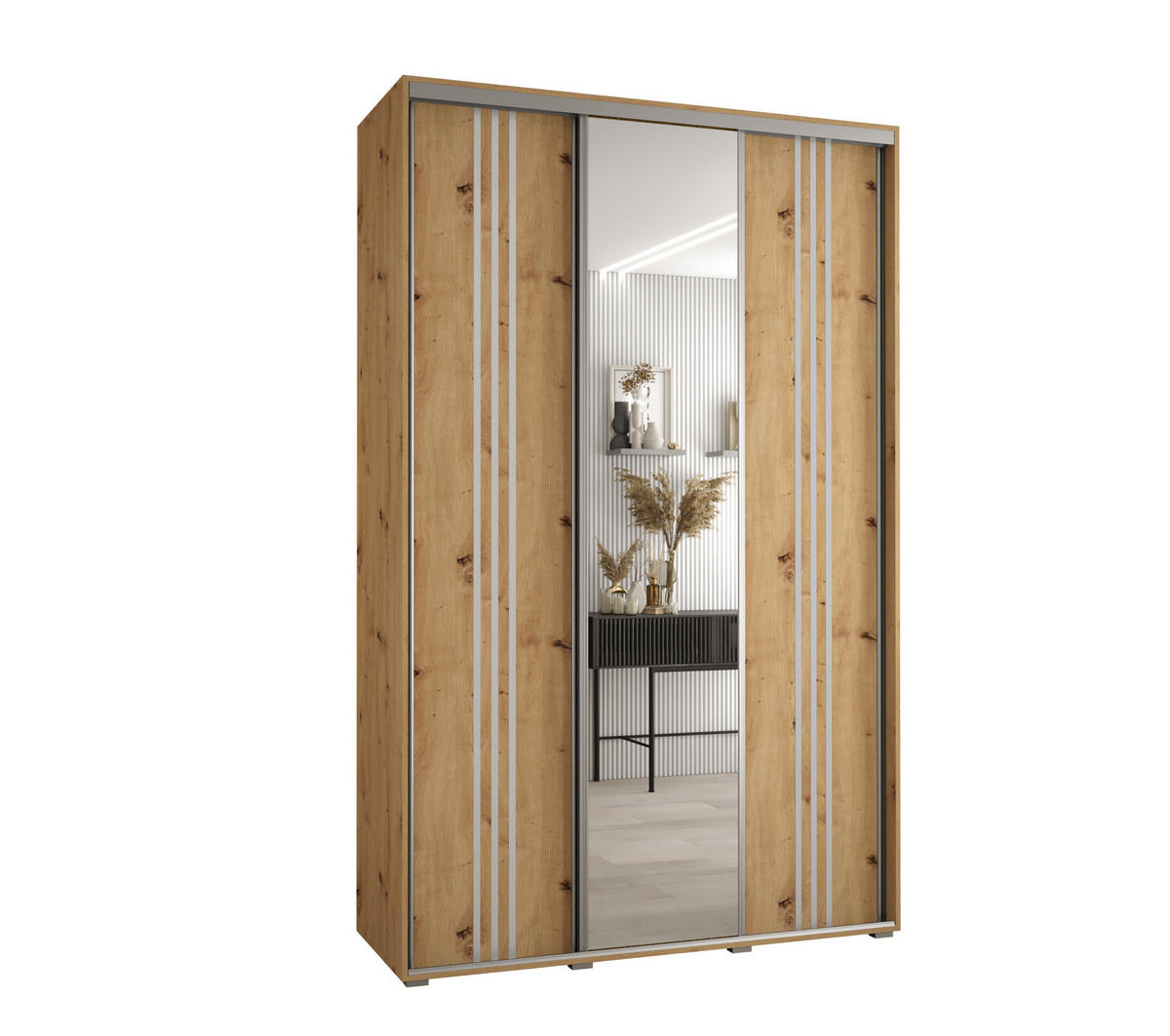 SCHWEBETÜRENSCHRANK 235,2/160/45 3-türig - Silberfarben/Eiche Artisan, Holz/Metall (160/235/45cm) - Abiks Möbel