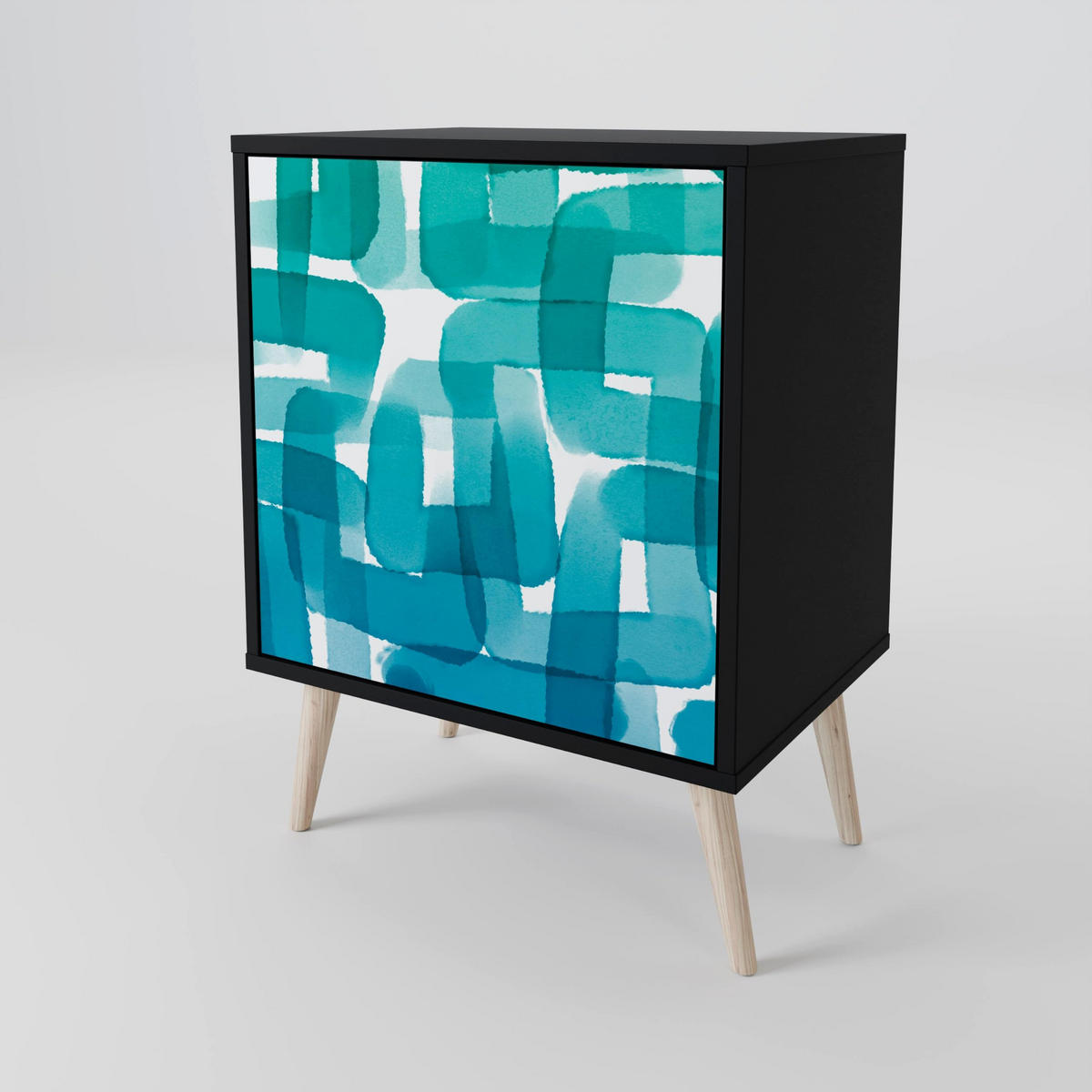 SIDEBOARD TURQUOISE RECTANGLES, Schwarz, 57,5x42x72,5 cm, Schwarze Metallfüße - Multicolor/Schwarz, Holzwerkstoff/Metall (57.5/72.5/42cm) - SpaceRebels