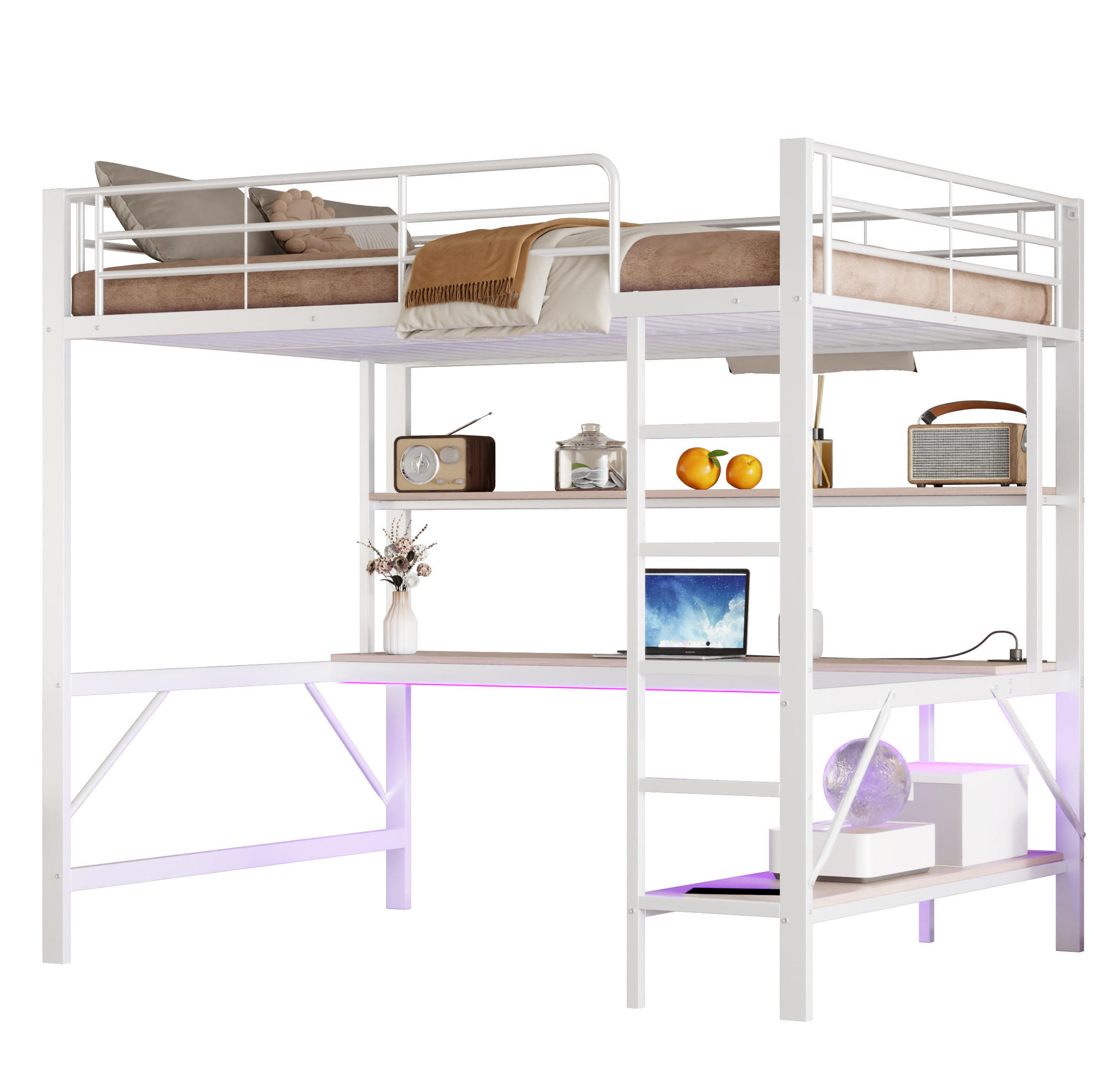 HOCHBETT 140/200 cm Weiß mit LED, USB und Steckdose ohne Matratze - Weiß, Metall (140/200cm) - MIVRAY