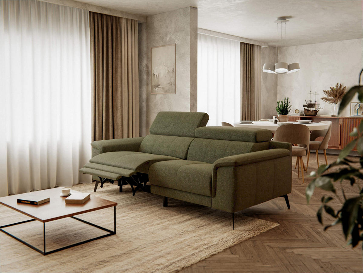 RELAXSOFA FIERO 3-Sitzer mit 1 Relaxfunktion, olivgrün - Schwarz/Olivgrün, Holzwerkstoff/Textil (212/82/103cm) - Courtois Laville