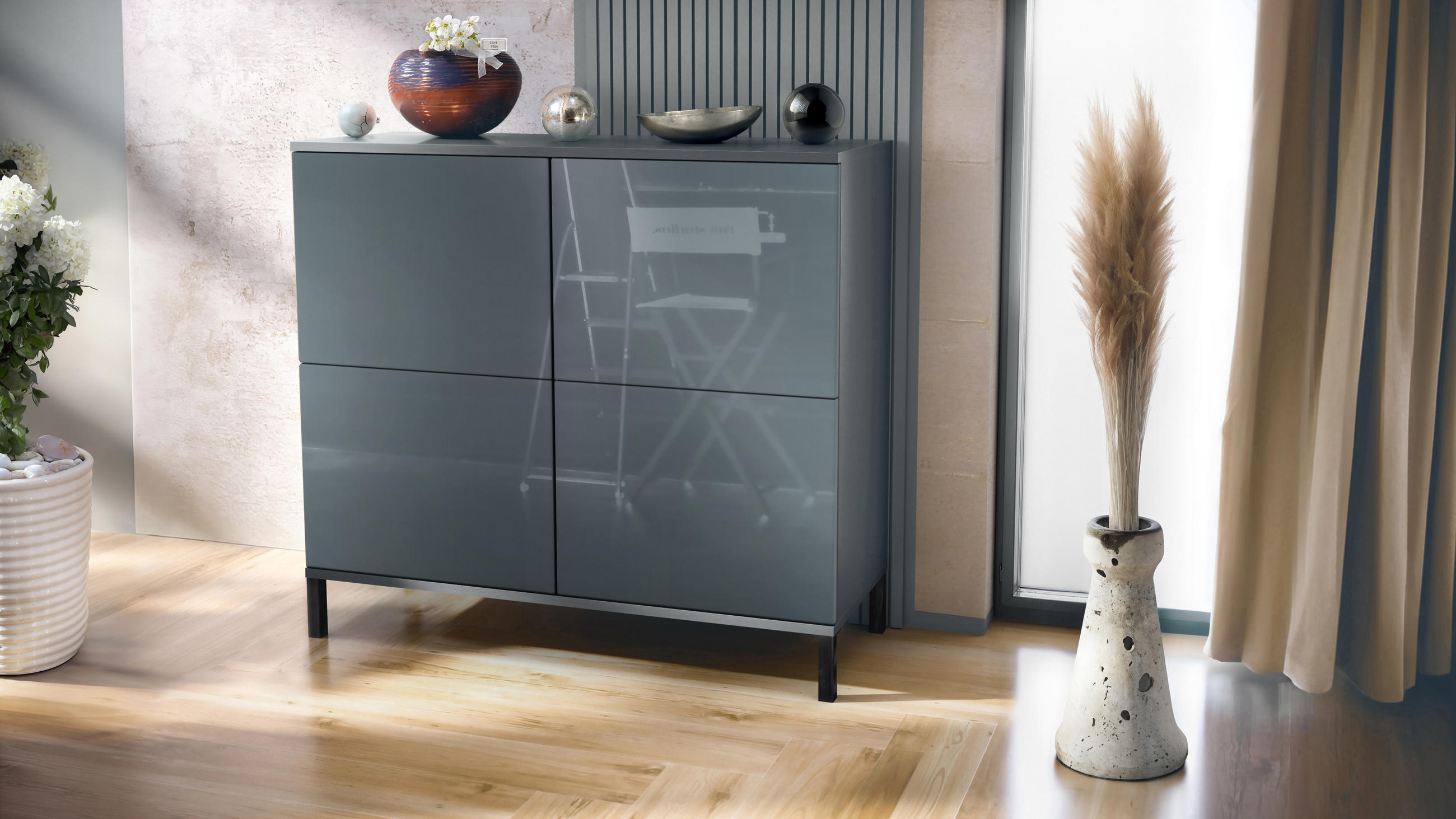 KOMMODE Rova Grau Hochglanz - Grau, Holzwerkstoff (92.5/83.5/35cm) - Vladon