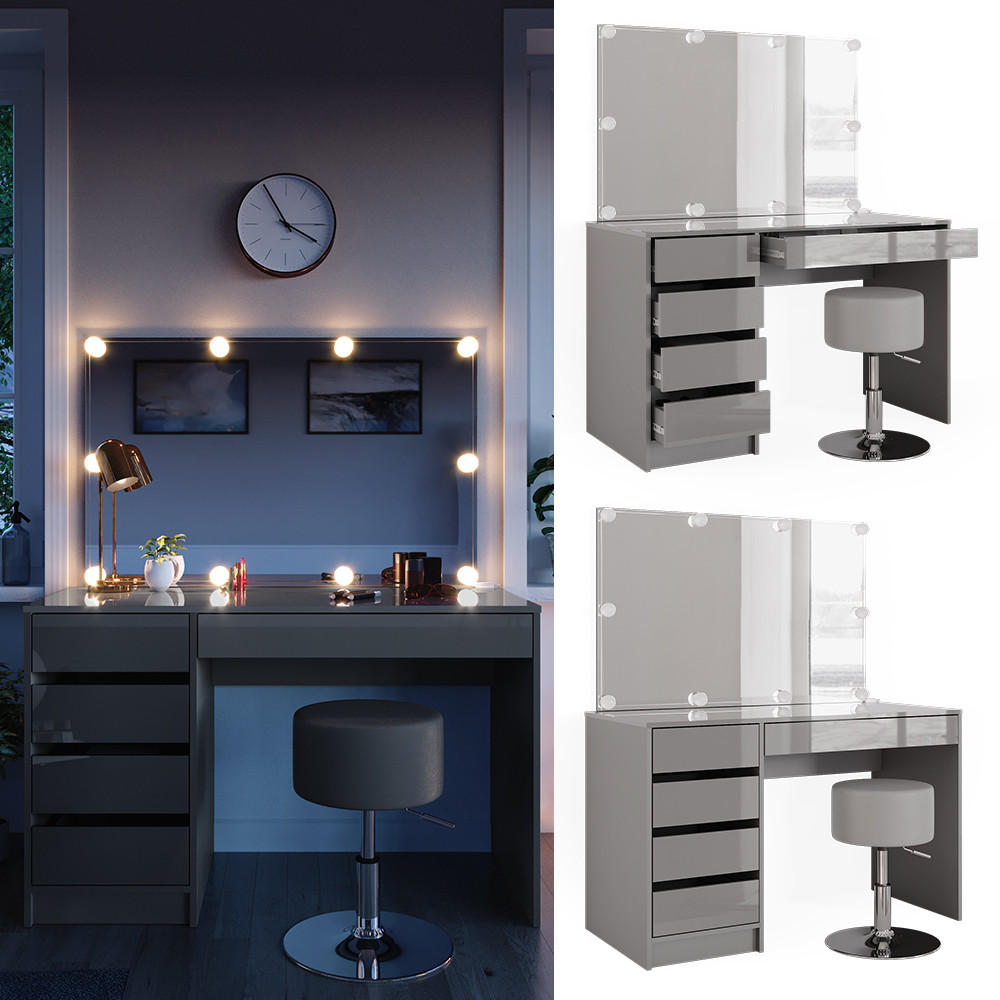 SCHMINKTISCH Sherry Grau 120 cm mit LED Beleuchtung und Hocker - Grau, Holzwerkstoff (120/75/55cm) - Vicco