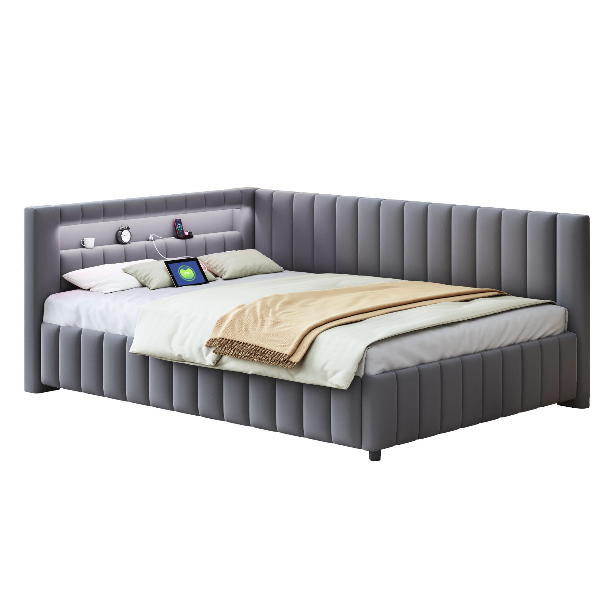 POLSTERBETT Schlafsofa 140/200 cm Grau Samt mit LED-Licht und USB-Ladeanschluss - Grau, Textil (140/200cm) - OKWISH