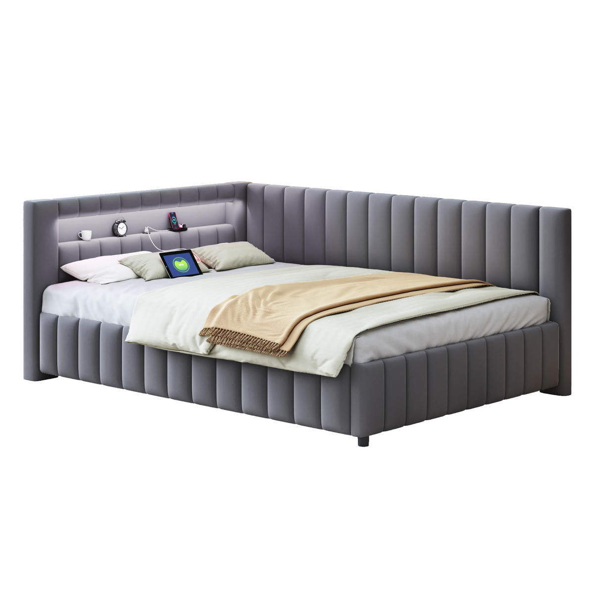 POLSTERBETT Schlafsofa 140/200 cm Grau Samt mit LED-Licht und USB-Ladeanschluss - Grau, Textil (140/200cm) - OKWISH