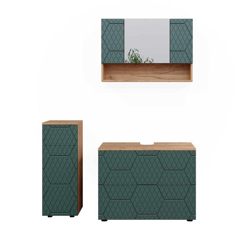 BADMÖBEL-SET Irma Grün 3 Teile, mit Schubladenschrank und Midischrank - Eiche Wotan/Grün, Holzwerkstoff (80/58.6/41cm) - Vicco