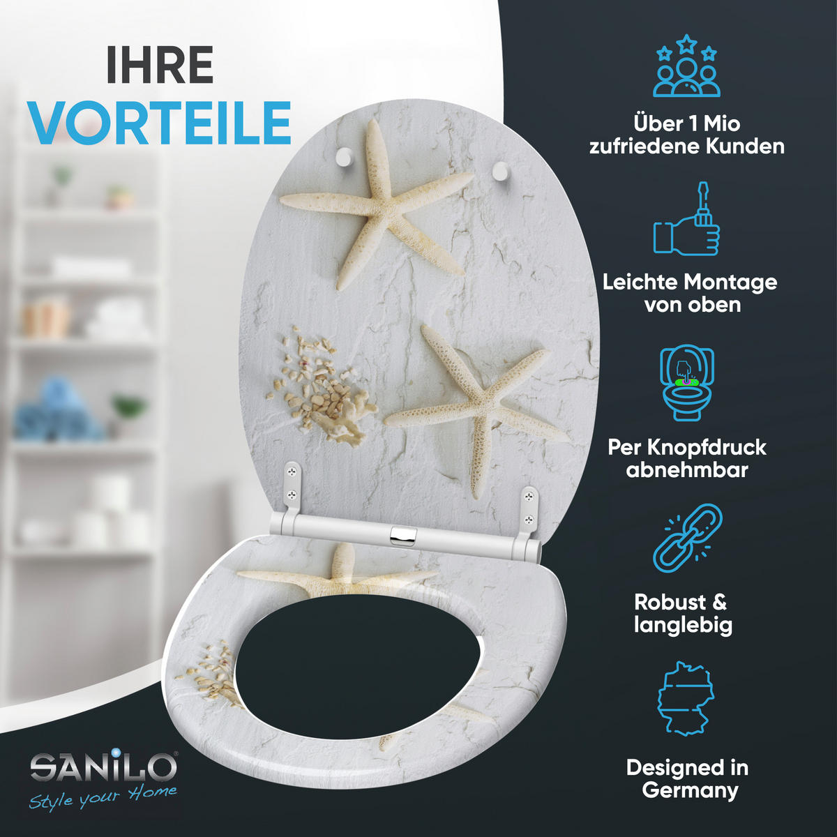 WC-SITZ mit Absenkautomatik & Top Fix Seestern - Grau, Holzwerkstoff (37.7/5.5/48cm) - Sanilo