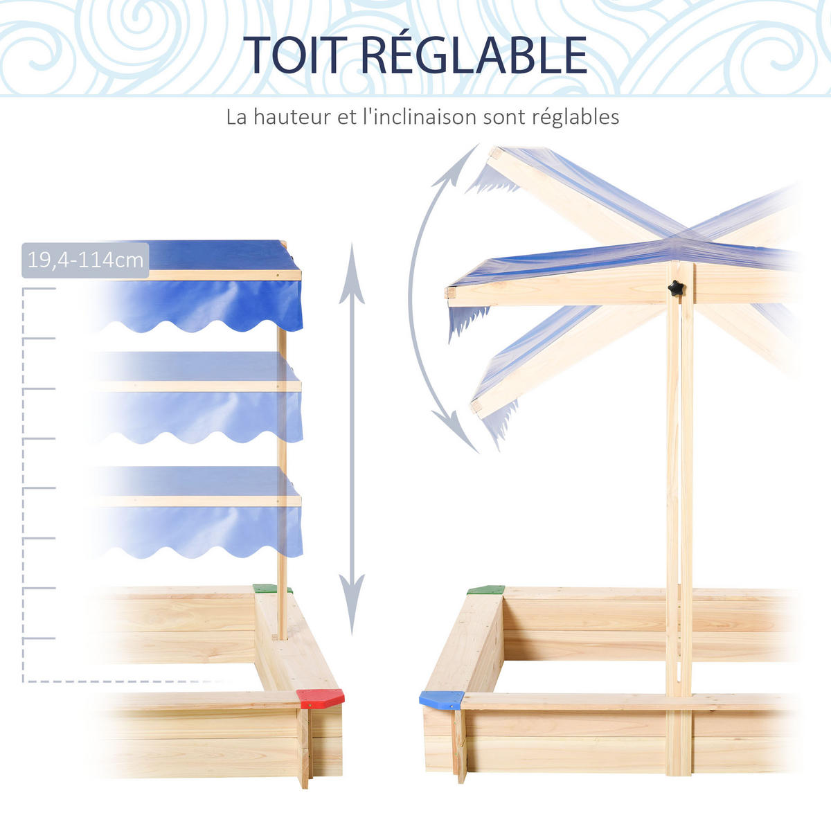 SANDKASTEN DE-18743 quadratisch mit verstellbarem Dach Naturholz - Blau, Holzwerkstoff (120/120/120cm) - ComfortXL