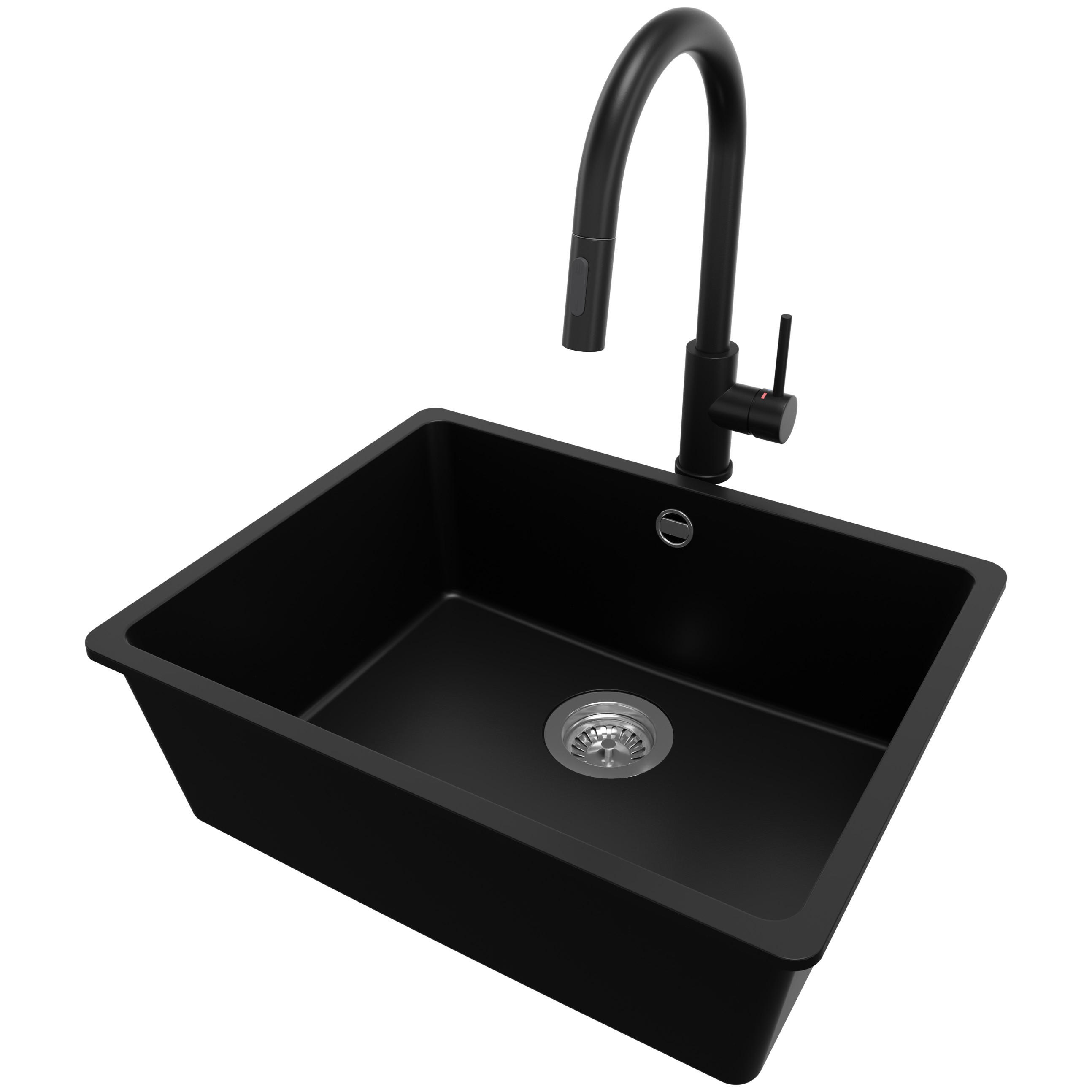 UNTERBAUSPÜLE GRANIT Venedig Easy, 2-er set Schwarz 56/44 cm 1 Becken + Küchenarmatur 40/20 cm + Ablauf-Set ab 60er Unterschrank - Chromfarben/Schwarz, Kunststoff (56/20/44cm) - Primagran