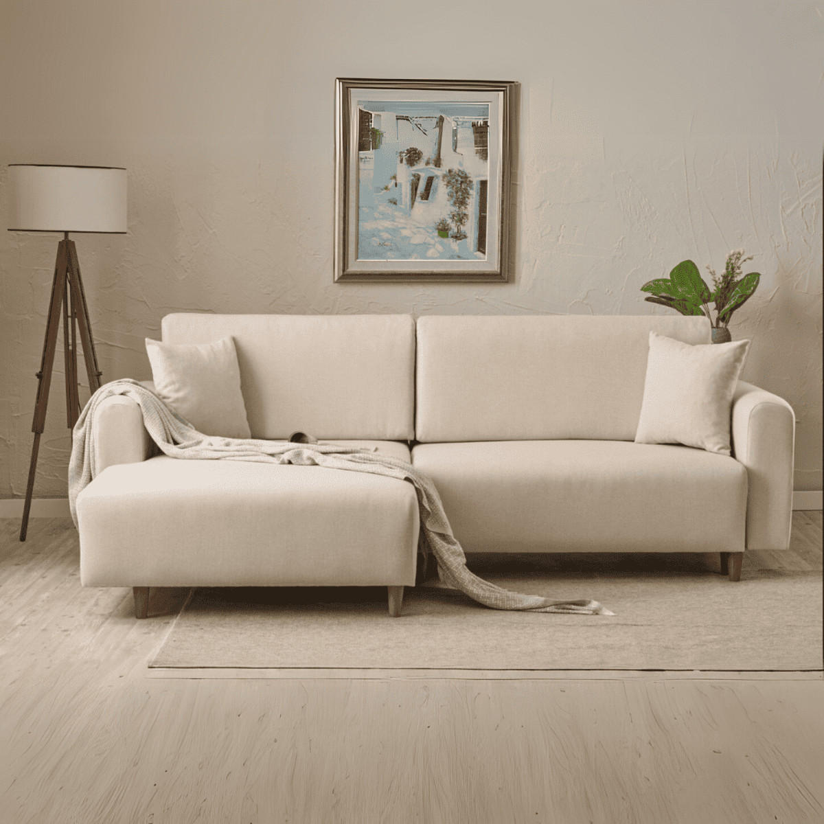 ECKSOFA mit Schlaffunktion und linksseitiger Récamiere - mane 246/160/85 cm - Creme, Holz (160/246cm) - Calicosy