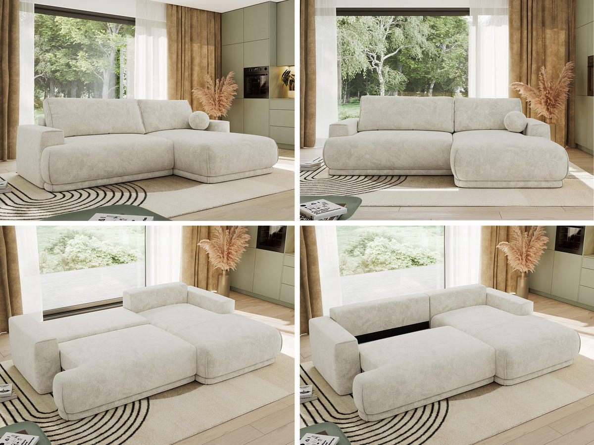 ECKSCHLAFSOFA RINA L Creme Schenille grob gewebt - rechts - Creme/Schwarz, Kunststoff/Textil (170/267cm) - MKS