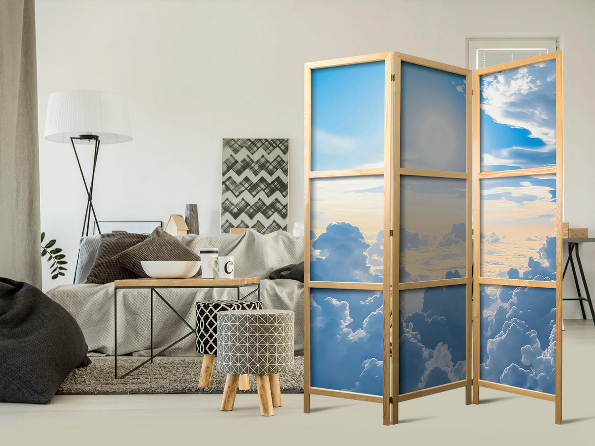 PARAVENT Japanischer 3-tlg 135x172 cm Wolken Und Sonne - Blau, Holz/Textil (135/172/3cm) - Muralo