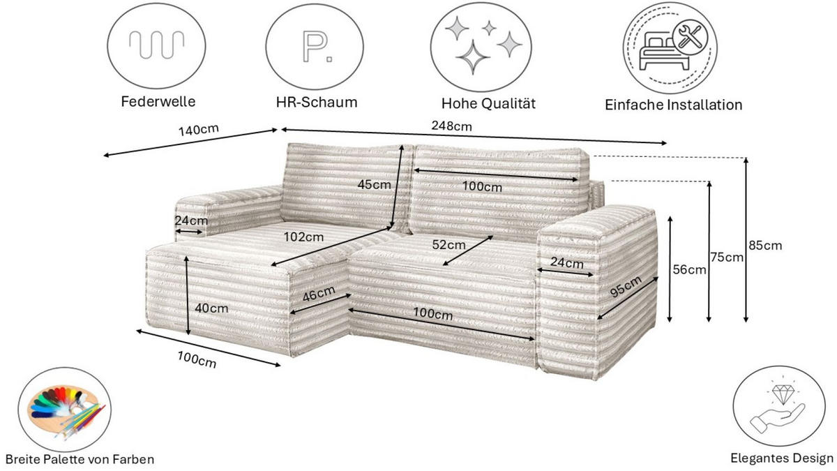 ECKSCHLAFSOFA Bohoo-Ecksofa mit Schlaffunktion stoff Velo Ecru Links - Ecru, Holz/Textil (140/248cm) - Kaiser Möbel