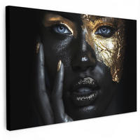 LEINWANDBILD Frau - Gold - Porträt - Schwarz-Weiß - Luxus Wohnzimmer 120x80 cm - Hellblau, Textil (120/80cm) - MuchoWow