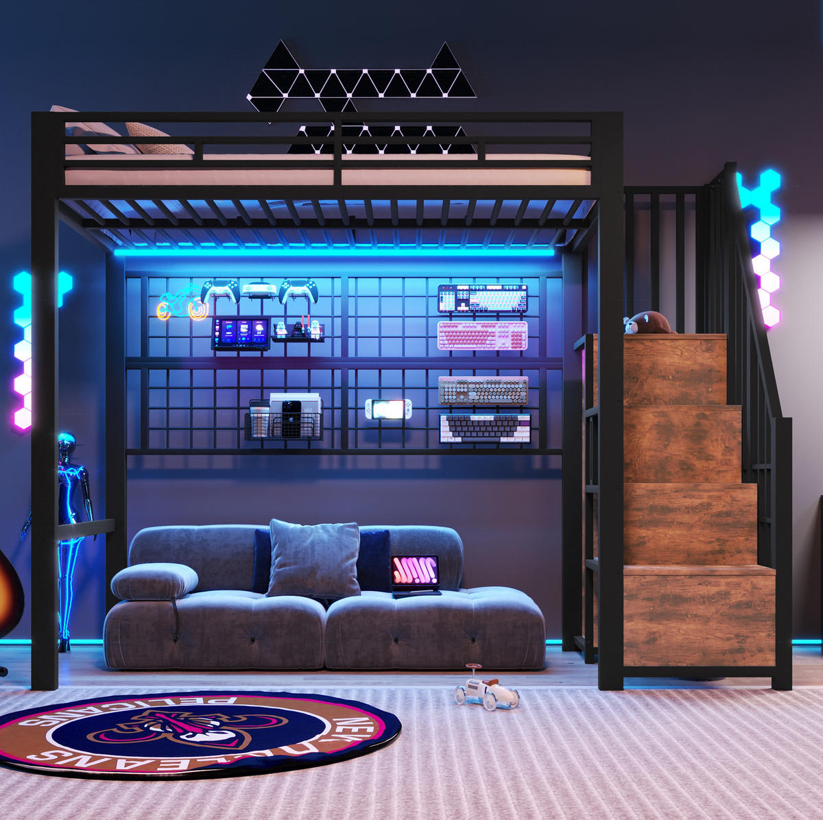 HOCHBETT 90/200 cm in Schwarz – mit Stauraumleiter, Kleiderschrank und LED - Schwarz, Metall (90/200cm) - BEAOK