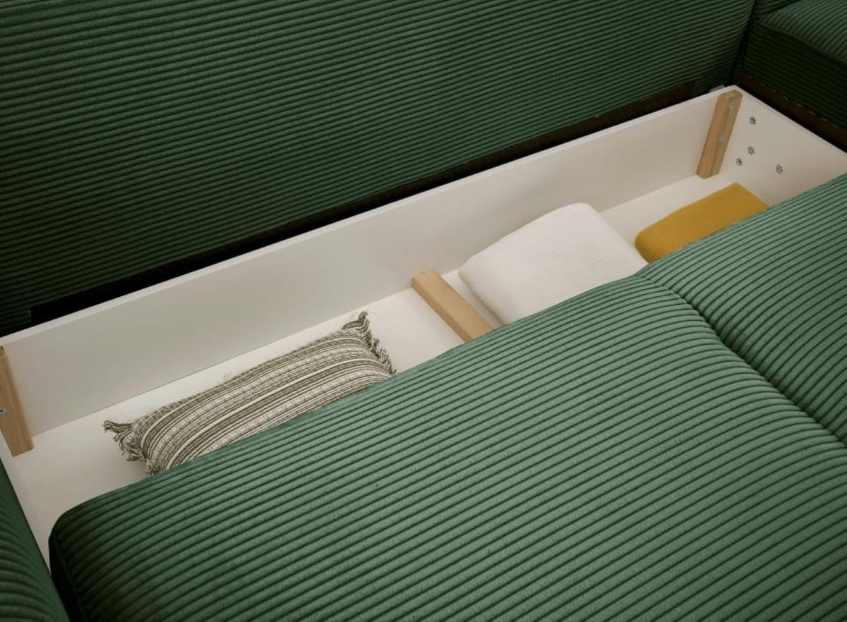 ECKSOFA beidseitig montierbar, Schlaffunktion mit Bettkasten und Nosagfederung in Breitcord - Dunkelgrün/Schwarz, Textil (318/197cm) - ed exciting design