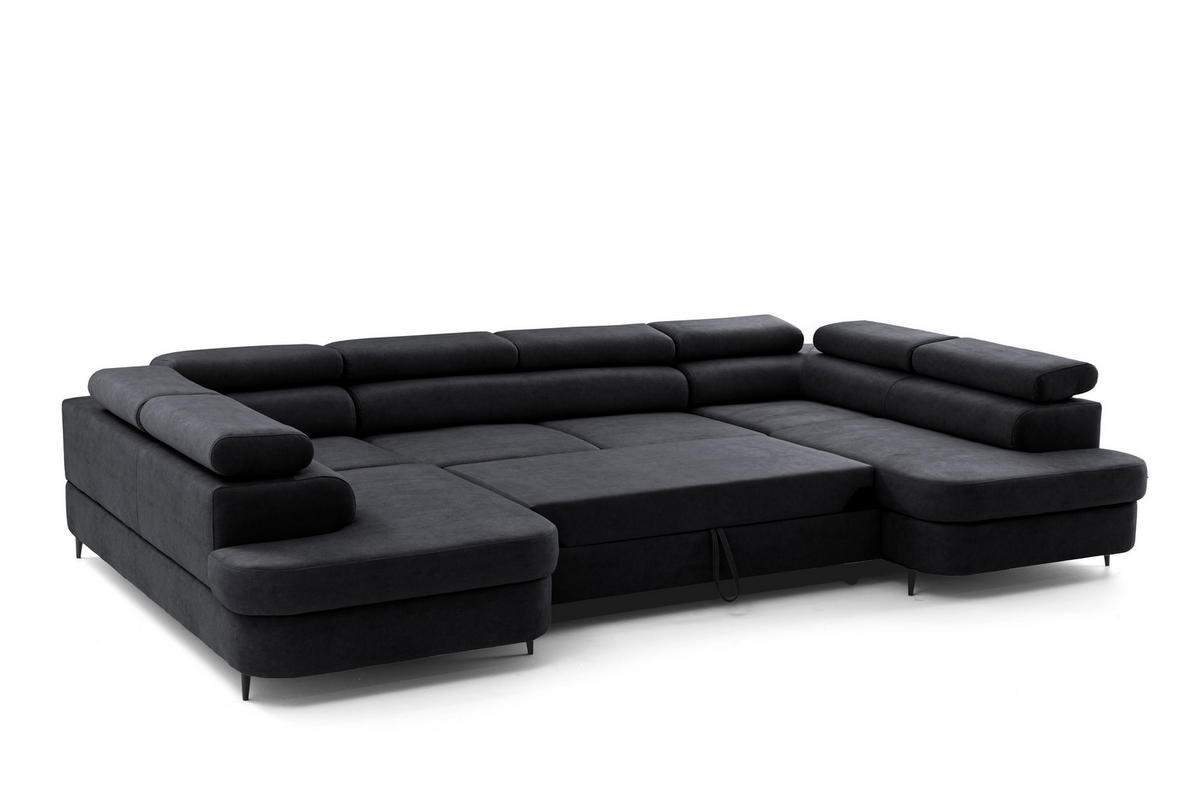 ECKSOFA U-Form PRIAM U2 mit Schlaffunktion 126x270 Velours Schwarz - Chromfarben/Schwarz, Holz/Textil (350/91/203cm) - Muffo