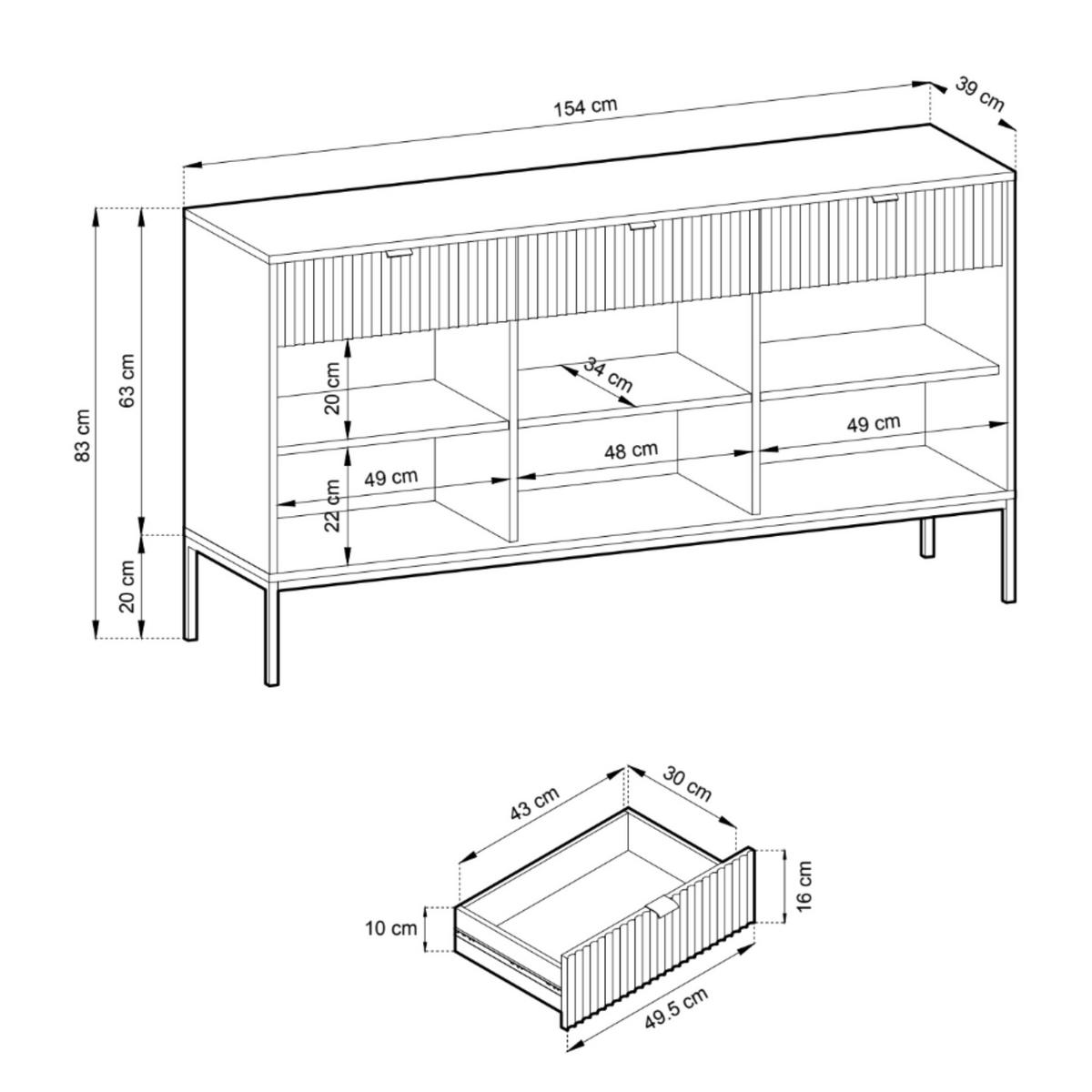 MODERNE Geriffelte Kommode KIOTO K3D3SZ (Eiche Vicenza, Schwarzes Gestell, Soft-Close Türen) - Eichefarben/Schwarz, Holz/Holzwerkstoff (154/91/39cm) - Ravio