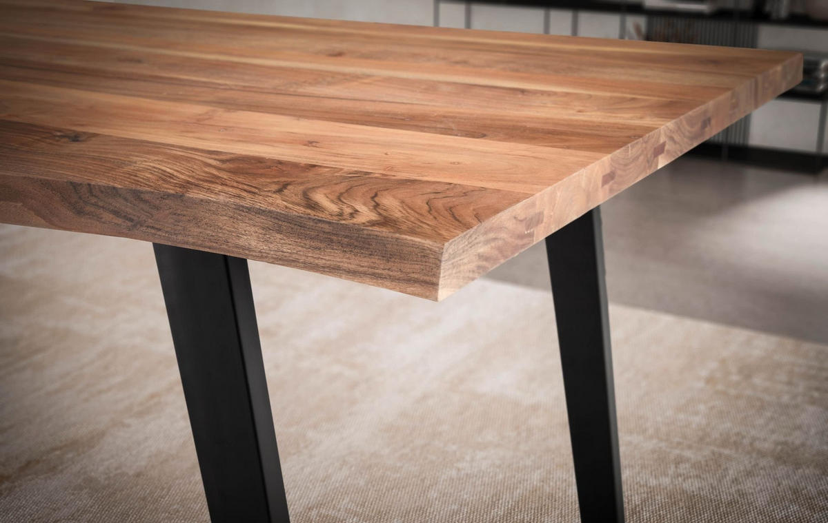 ESSTISCH Massivholz Baumkante Metall U-Gestell Handgefertigt ATOLL, Goldbraun-Schwarz 160x80x76 cm - Schwarz/Braun, Holz/Metall (80/160/76cm) - KADIMA DESIGN
