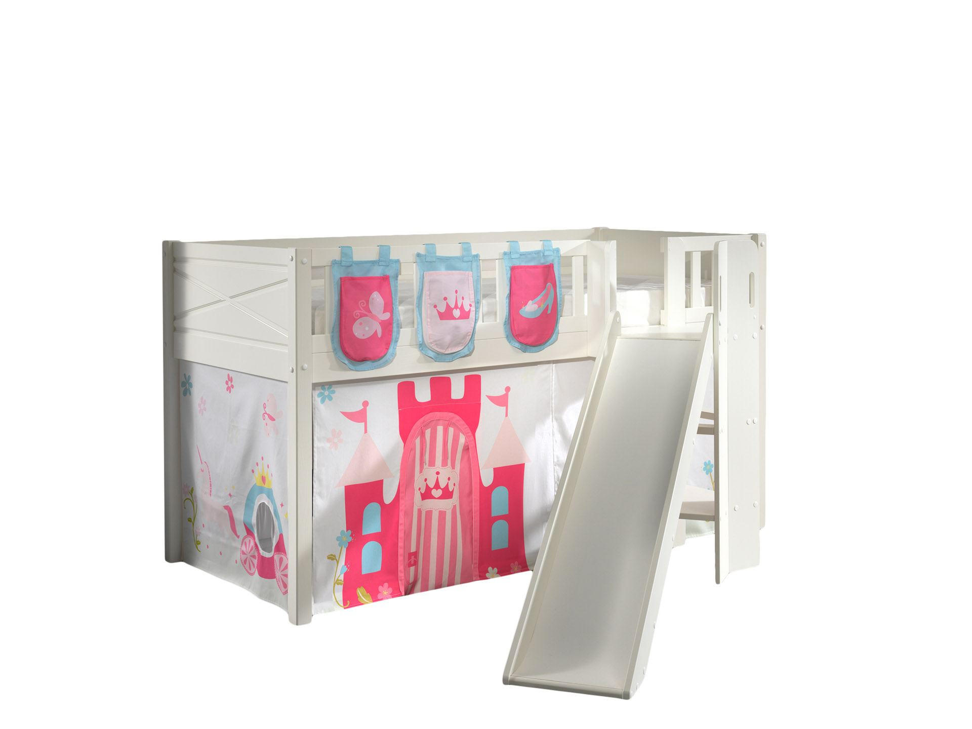 HOCHBETT mit Rutsche Karyl Massivholz Weiß Textilset Princess 3 - Magenta/Weiß, Holz (90/200cm) - 58aufmkessel