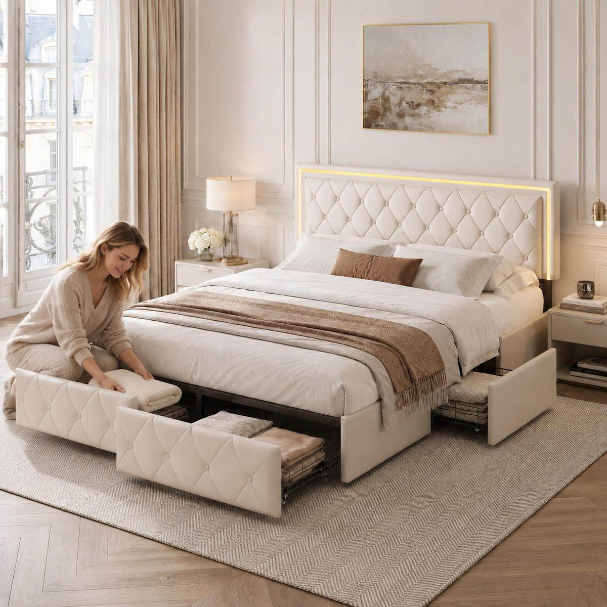 POLSTERBETT 140/200 cm Beige mit LED-Kopfteil, 4 Schubladen und Stauraum, Doppelbett gepolstert - Beige, Holz/Metall (140/200cm) - Joyfair