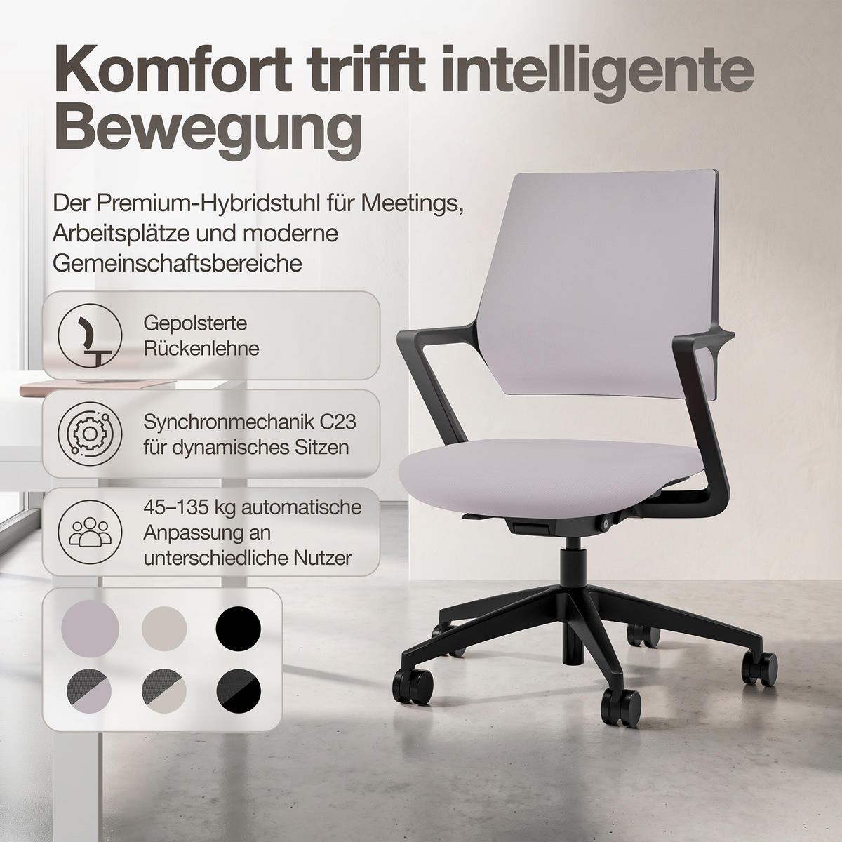 DREHSTUHL Ergonomischer Bürostuhl Asolo mit Polsterrücken / Hellgrau Ergonomischer Polsterrücken - Hellgrau, Textil (59.5/97.5/45cm) - ASSMANN