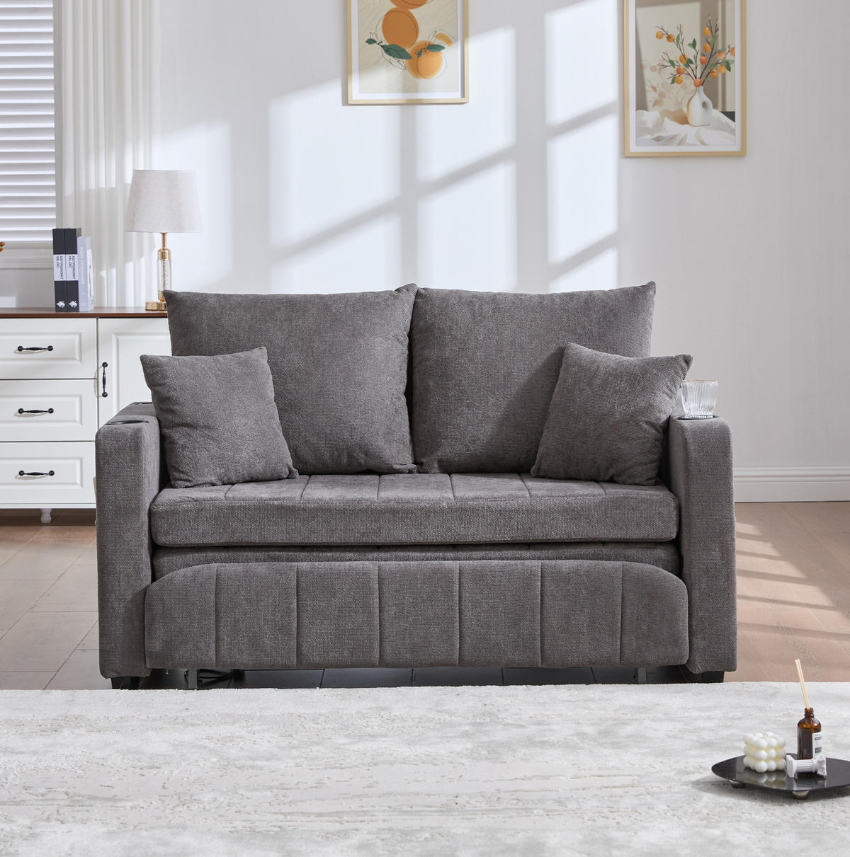 SCHLAFSOFA 136/200 cm aus Chenille mit Ausziehfunktion, Armlehnentaschen und 4 Kissen, Grau - Grau, Textil (139/83/73cm) - Redom