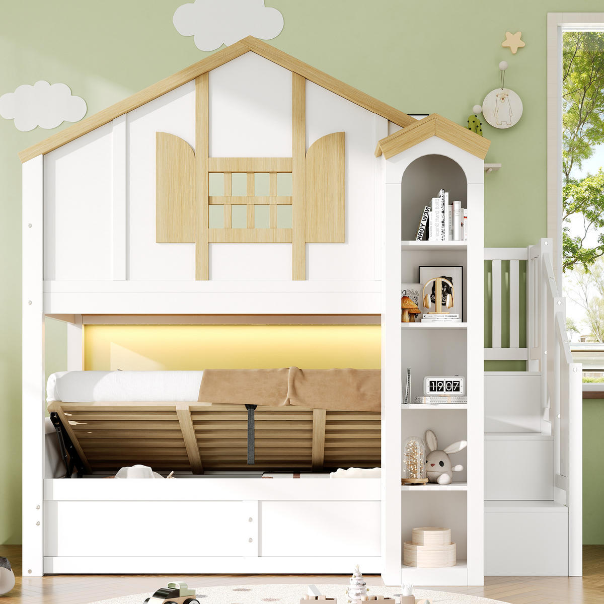 ETAGENBETT Massivholz LED Stauraumtreppe 90x200 Hausbett Weiß - Weiß, Holz - FLIEKS