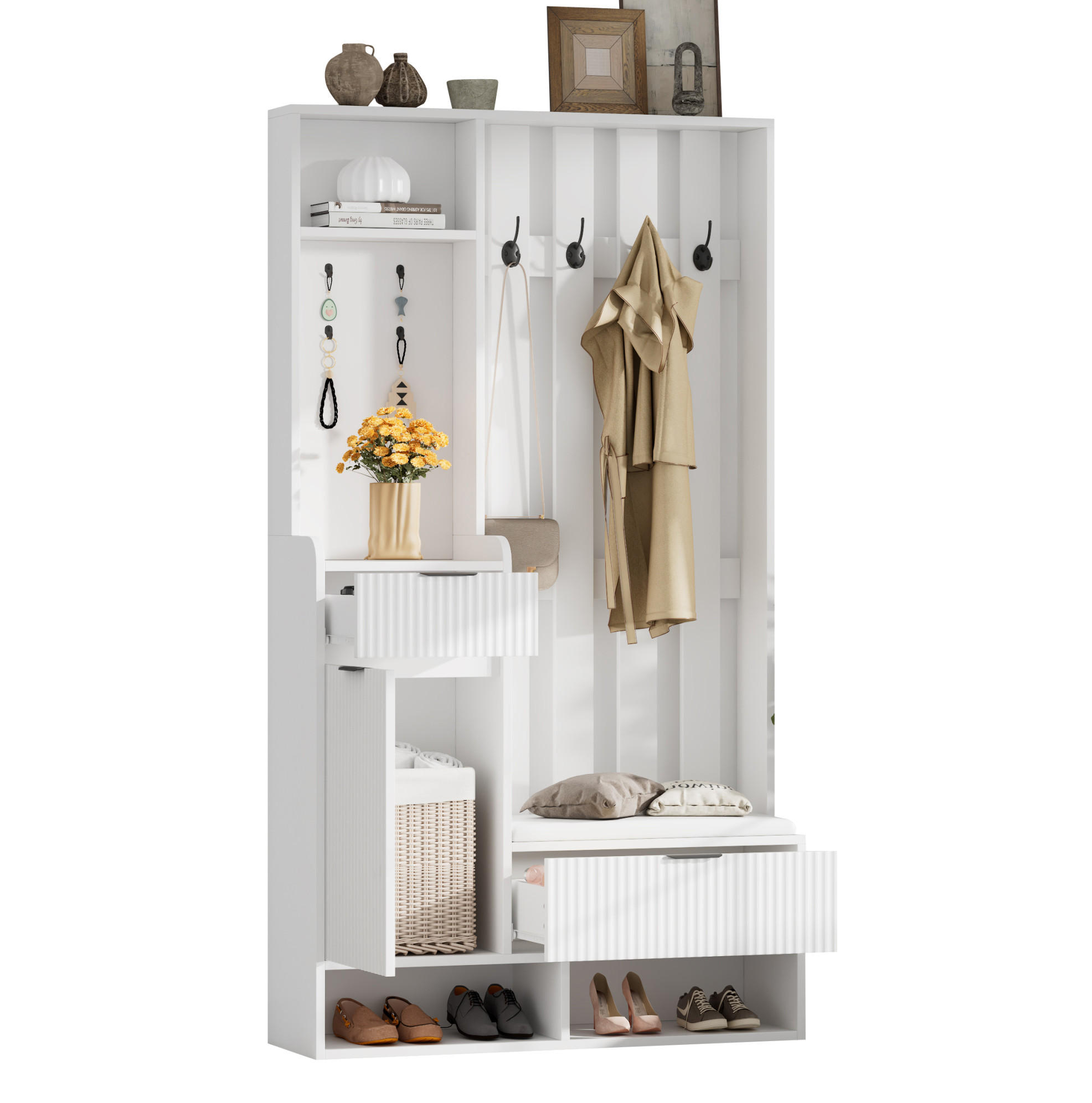 DIELENGARDEROBE 100/30/180 cm mit 8 Haken, Sitzbank und Schuhablage in Weiß - Weiß, Holzwerkstoff (100/180/30cm) - BEAOK