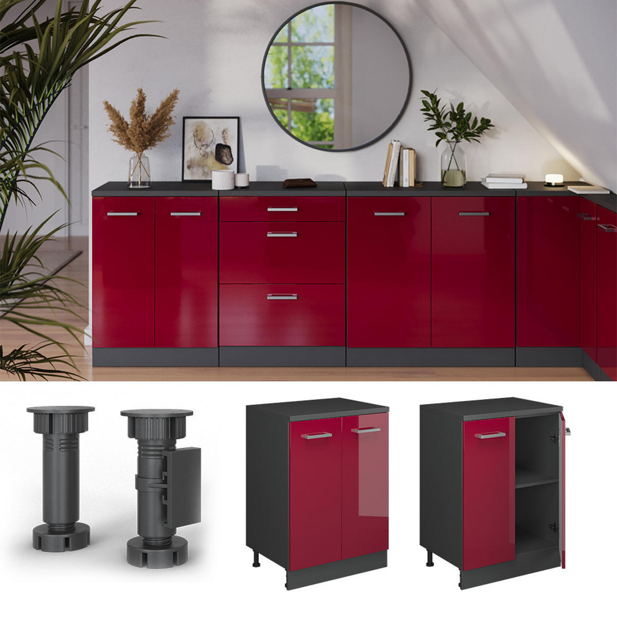 OMARICA ZA PODSTREŠJE Rion Rdeča visoki sijaj 60 x 81.6 cm brez naklona z 2 vrati - rdeča/antracit, leseni material (60/83.8/46cm) - Vicco