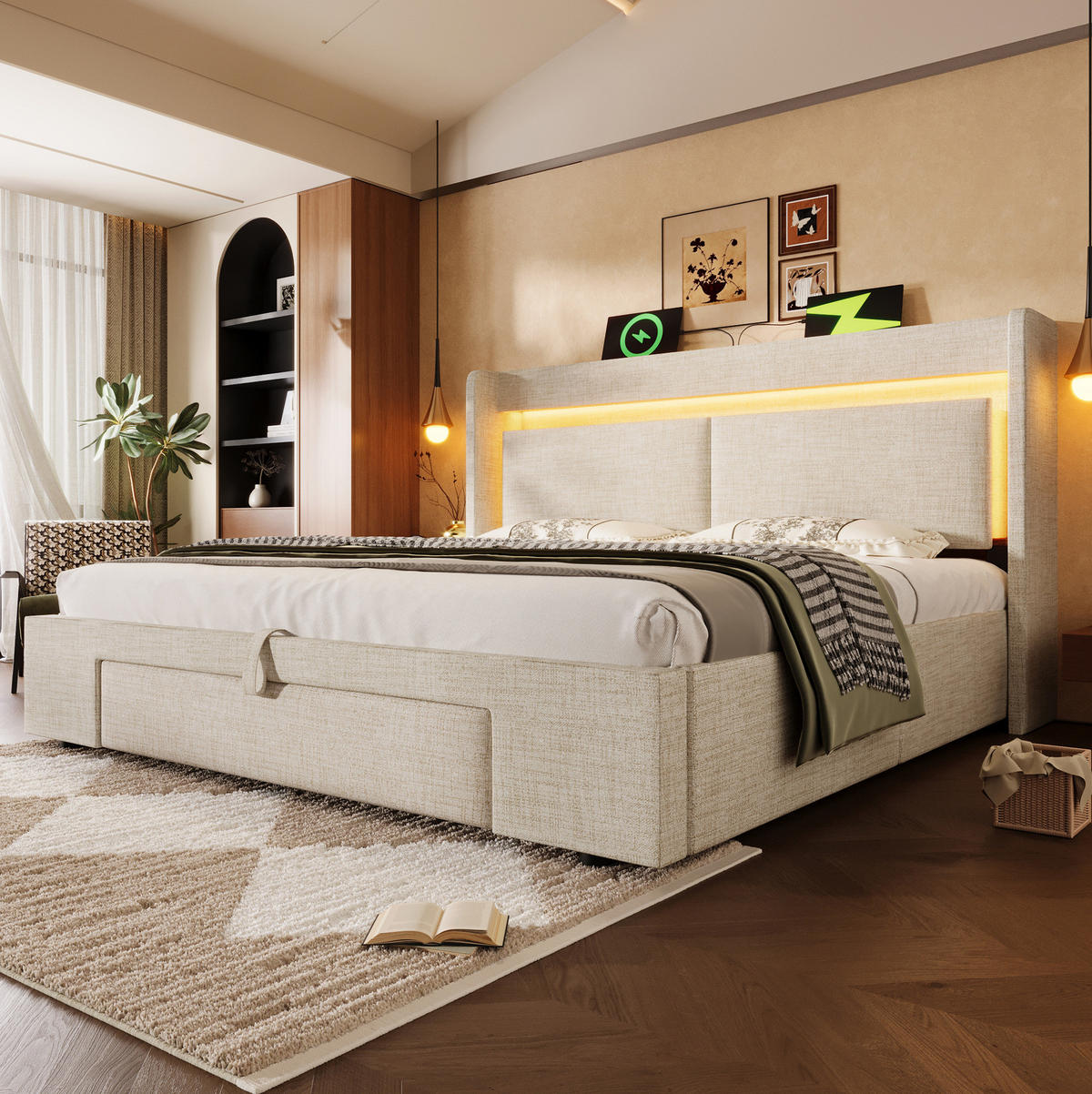 POLSTERBETT aus Leinen 140x200 cm Beige mit Bettkasten, LED-Beleuchtung, USB/USB-C und Matratze - Beige, Textil (140/200cm) - IVMEU