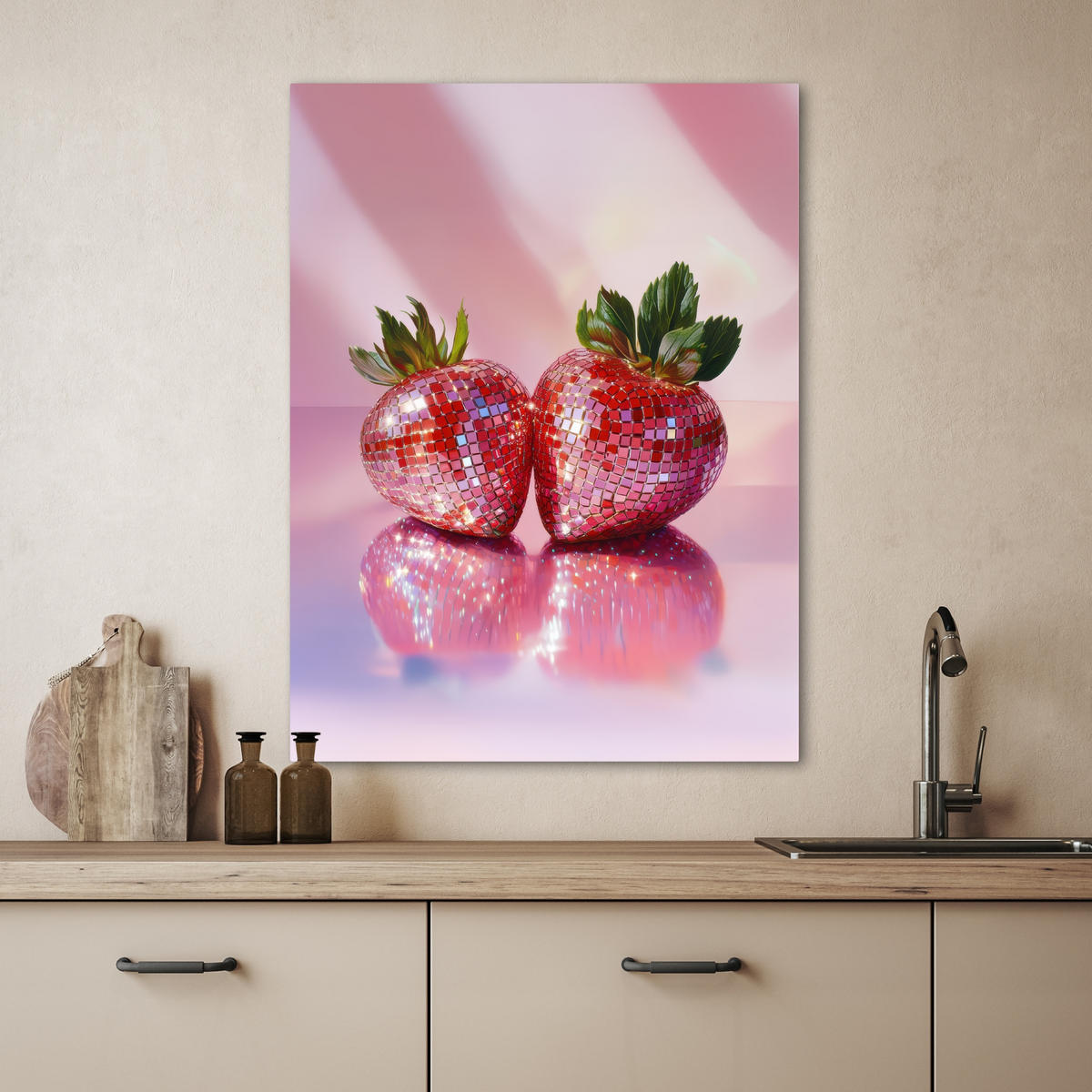 LEINWANDBILD Disco - Obst - Glitzer - Erdbeere 60x80 cm - Pink, Textil (60/80cm) - MuchoWow