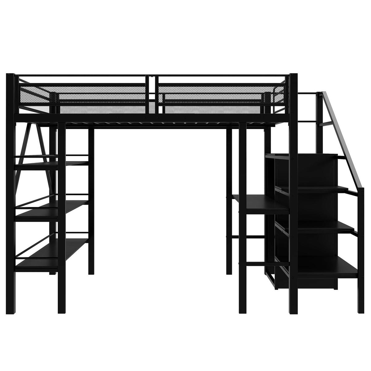 HOCHBETT 140/200 cm in Schwarz mit Schreibtisch, Regal und Kleiderschrank - Schwarz, Metall (140/200cm) - Flora Grace