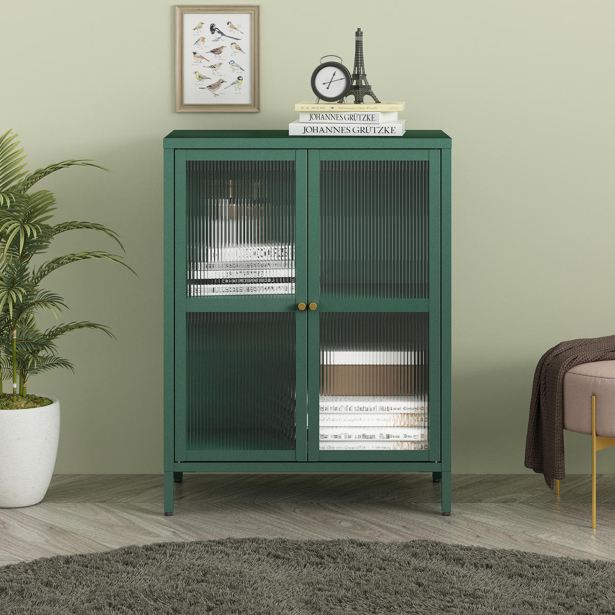 VITRINE Säkylä - Dunkelgrün/Transparent, Glas/Metall (64/84/35cm) - [en.casa]