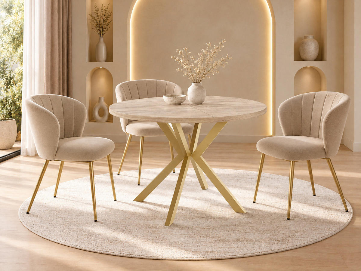 ESSTISCH Flora runder ausziehbarer, Sonoma Eiche 100-180/100/76 cm - Goldfarben/Braun, Holzwerkstoff/Metall (100/180/76cm) - WFL GROUP