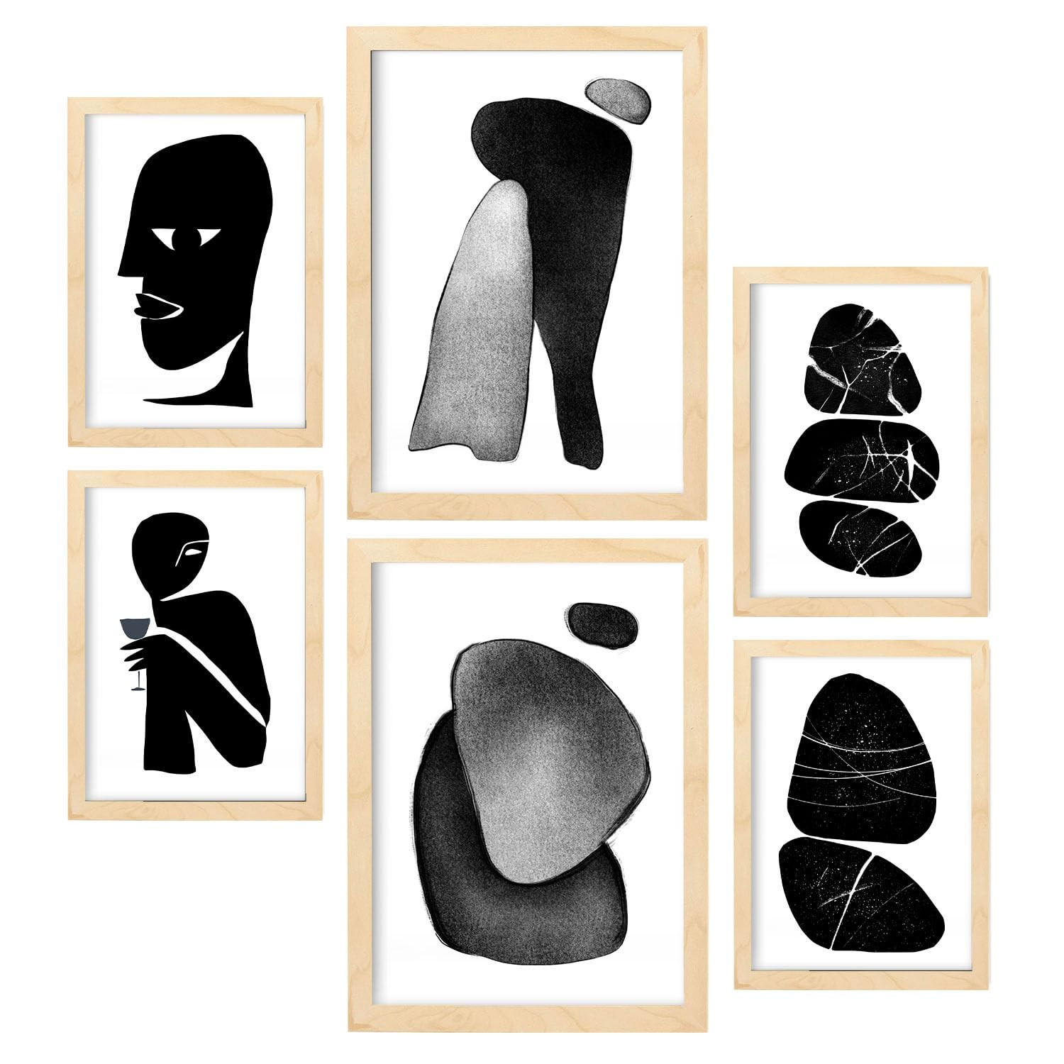 POSTER Set Mit 6 Datenlose Köpfe In Liebhaber Abstrakt Ästhetische Dekorative Gemälde Für Ihr Wohnzimmer Zuhause A3 & A4 Rahmen Aus Hellem Holz - Beige, Papier (29/3cm) - Nacnic