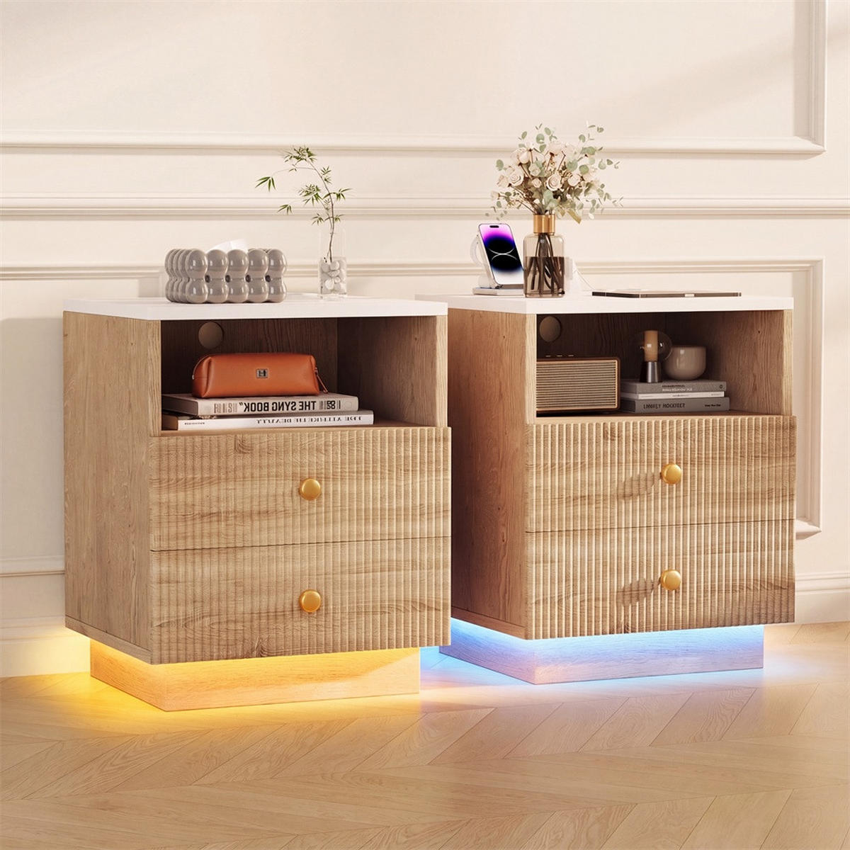 NACHTTISCH 2er Set - Nachtkonsole mit 2 Schubladen & Offenem Fach - 7-Farben-LED & Ladefunktion - Natur - Naturfarben, Holzwerkstoff (44/55/38cm) - DELFA