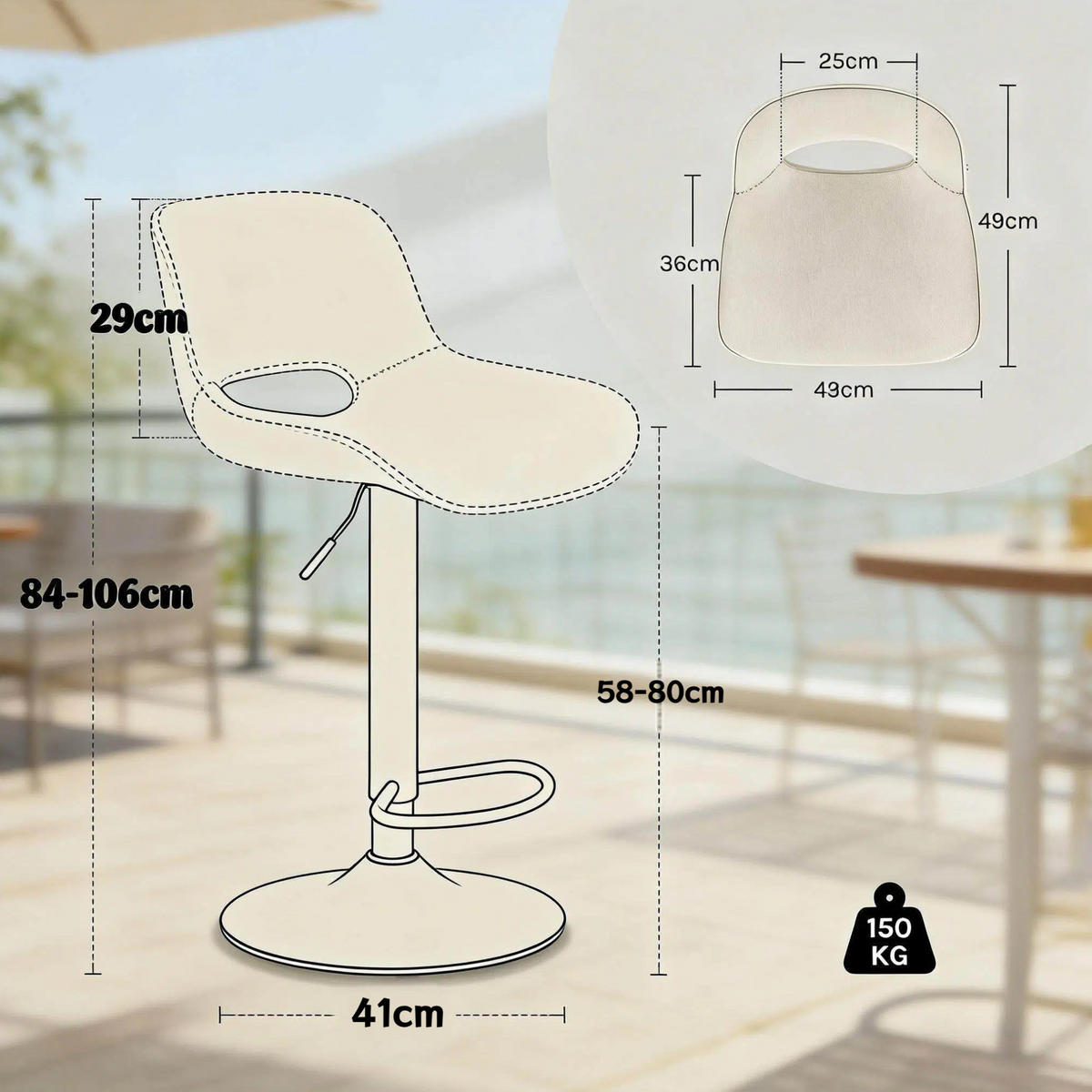 BARHOCKER 2er-Set höhenverstellbar, drehbar, 49 cm, Beige - Beige, Metall (49/106/49cm) - Meubliv