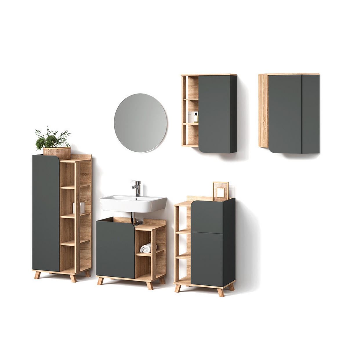 BADMÖBEL-SET Marano Anthrazit 6 Teile - Anthrazit/Sonoma Eiche, Holzwerkstoff (60/65/35cm) - Livinity®