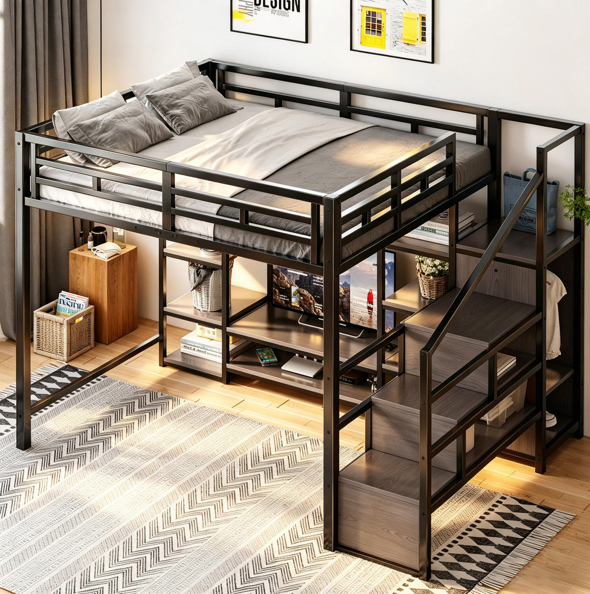 HOCHBETT 140/200 cm aus Metall/MDF mit TV-Ständer, Steckdose und Aufbewahrungsleiter Schwarz - Schwarz, Metall (140/200cm) - Modenvie