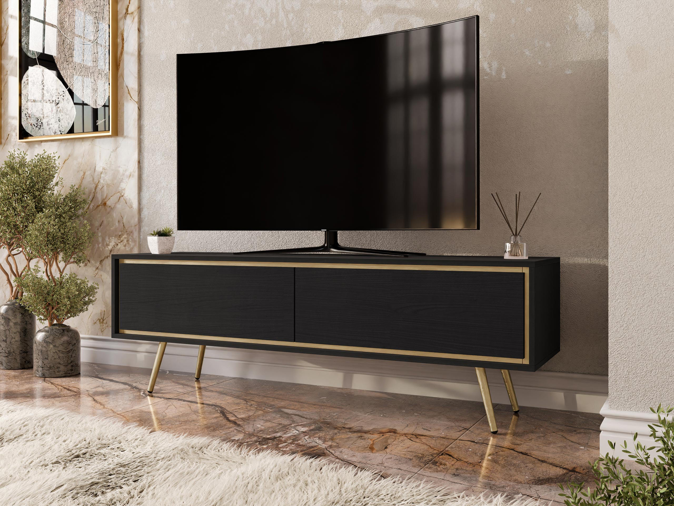 TV-LOWBOARD Tori 02 - Goldfarben/Schwarz, Holzwerkstoff/Metall (150/50/40cm) - MIRJAN24