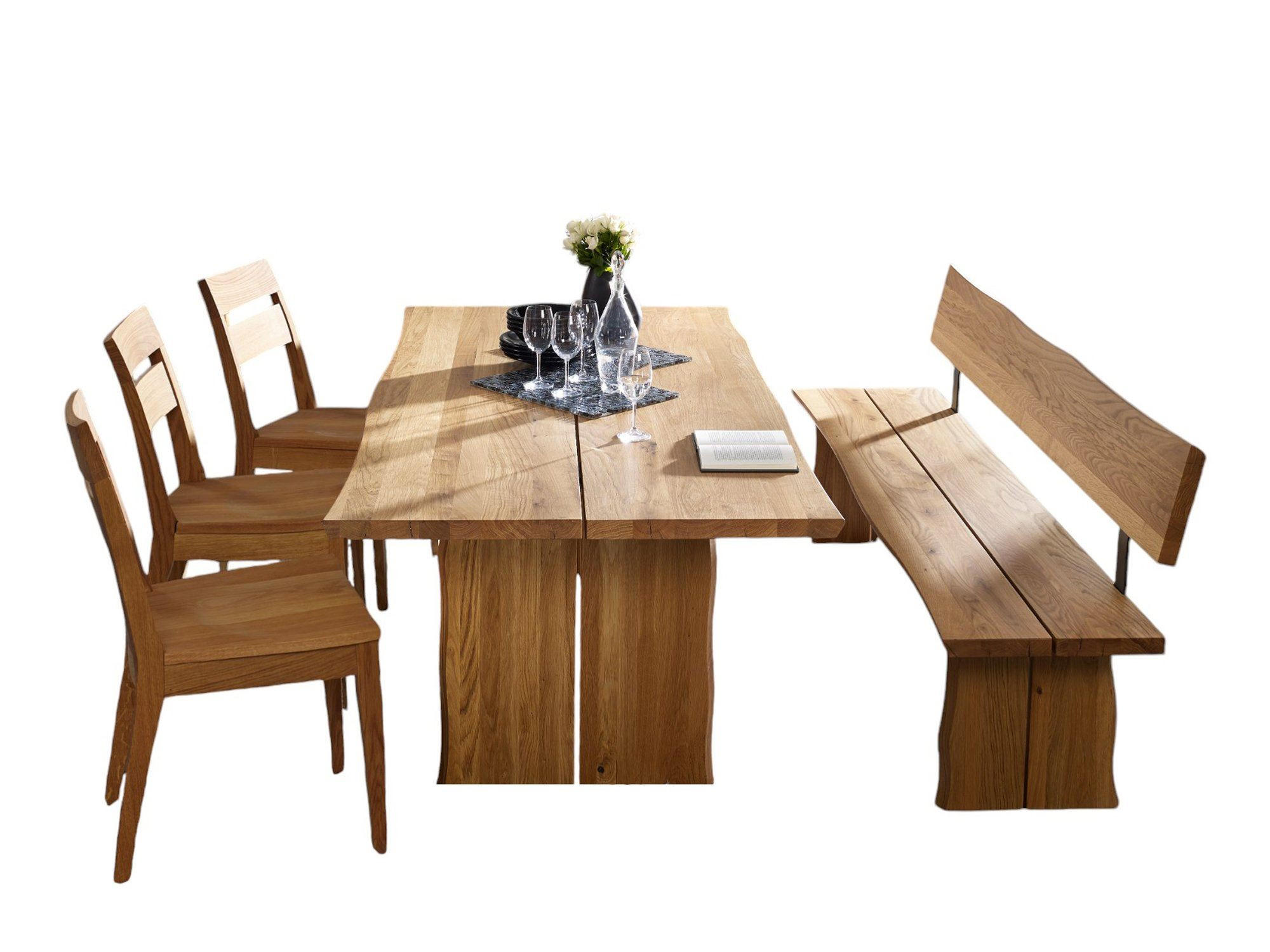 TISCHGRUPPE Dalida mit 3 Stühlen und Bank Massivholz Wildeiche geölt - Wildeiche, Holz (211/1/200cm) - 58aufmkessel