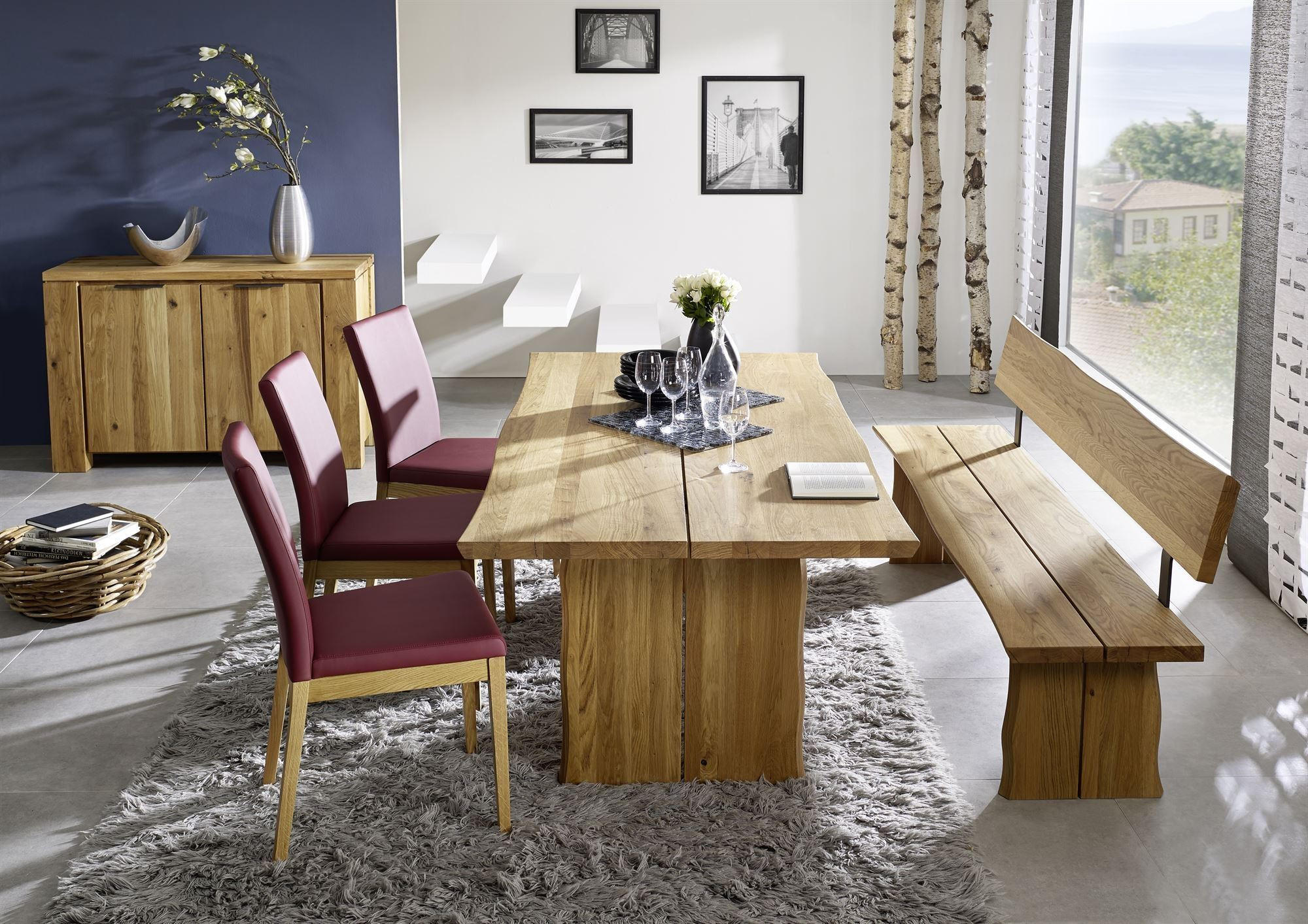 TISCHGRUPPE Daliah mit 3 Stühlen und Bank Massivholz Wildeiche/Weinrot - Wildeiche/Rot, Holz (211/1/200cm) - 58aufmkessel