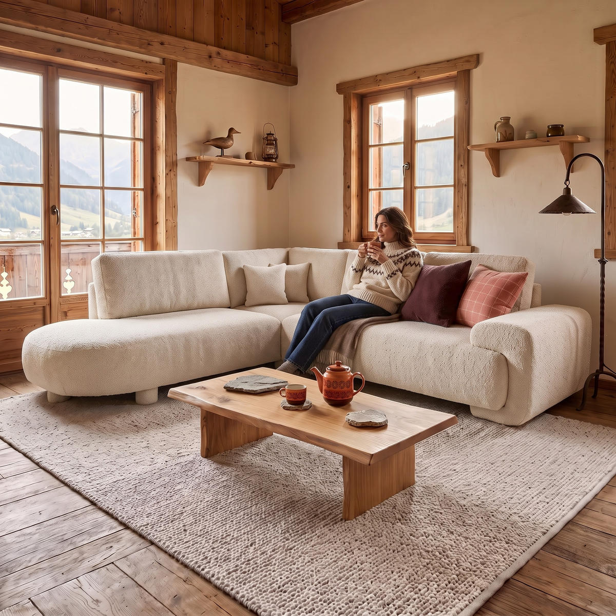 4-SITZER Ecksofa MIRABEL L Links 285x255 cm Bouclé Creme - Creme, Holz/Kunststoff (285/255cm) - Muffo