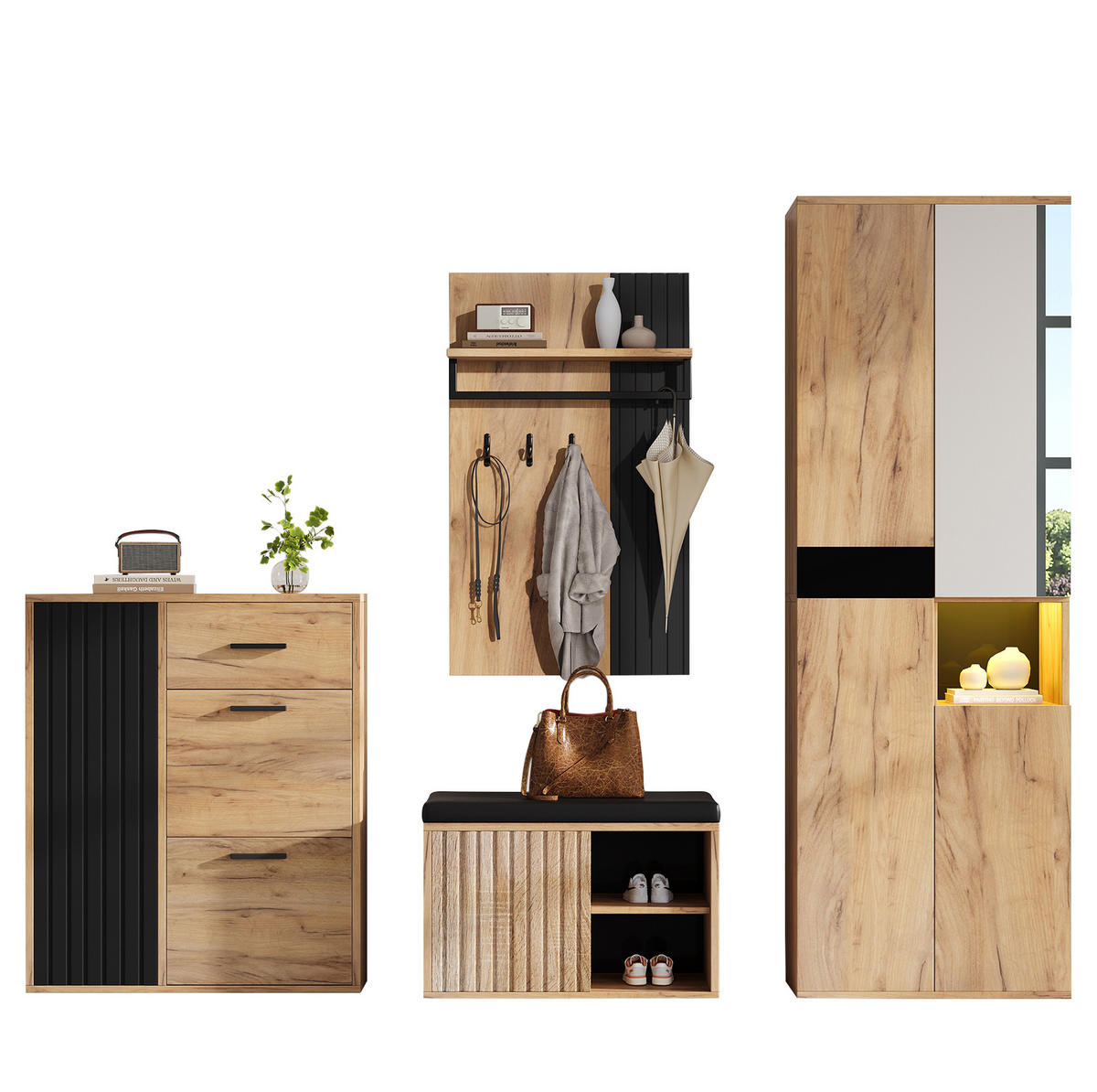 GARDEROBENSET 215/36/190 cm naturfarben/schwarz aus Spanplatte mit Spiegel und viel Stauraum - Naturfarben, Holzwerkstoff (215/190/36cm) - OKWISH