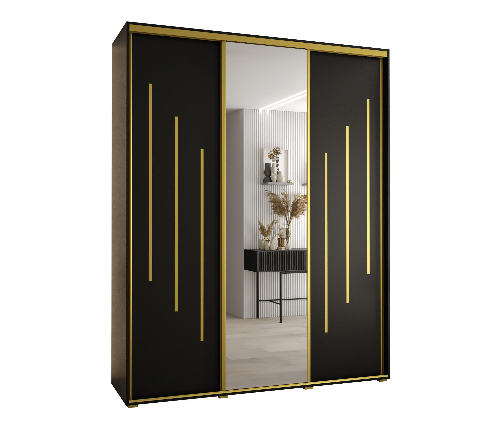 Abiks Möbel Schwebetürenschrank Schwarz, Schwarz, Gold 190x235x60 cm