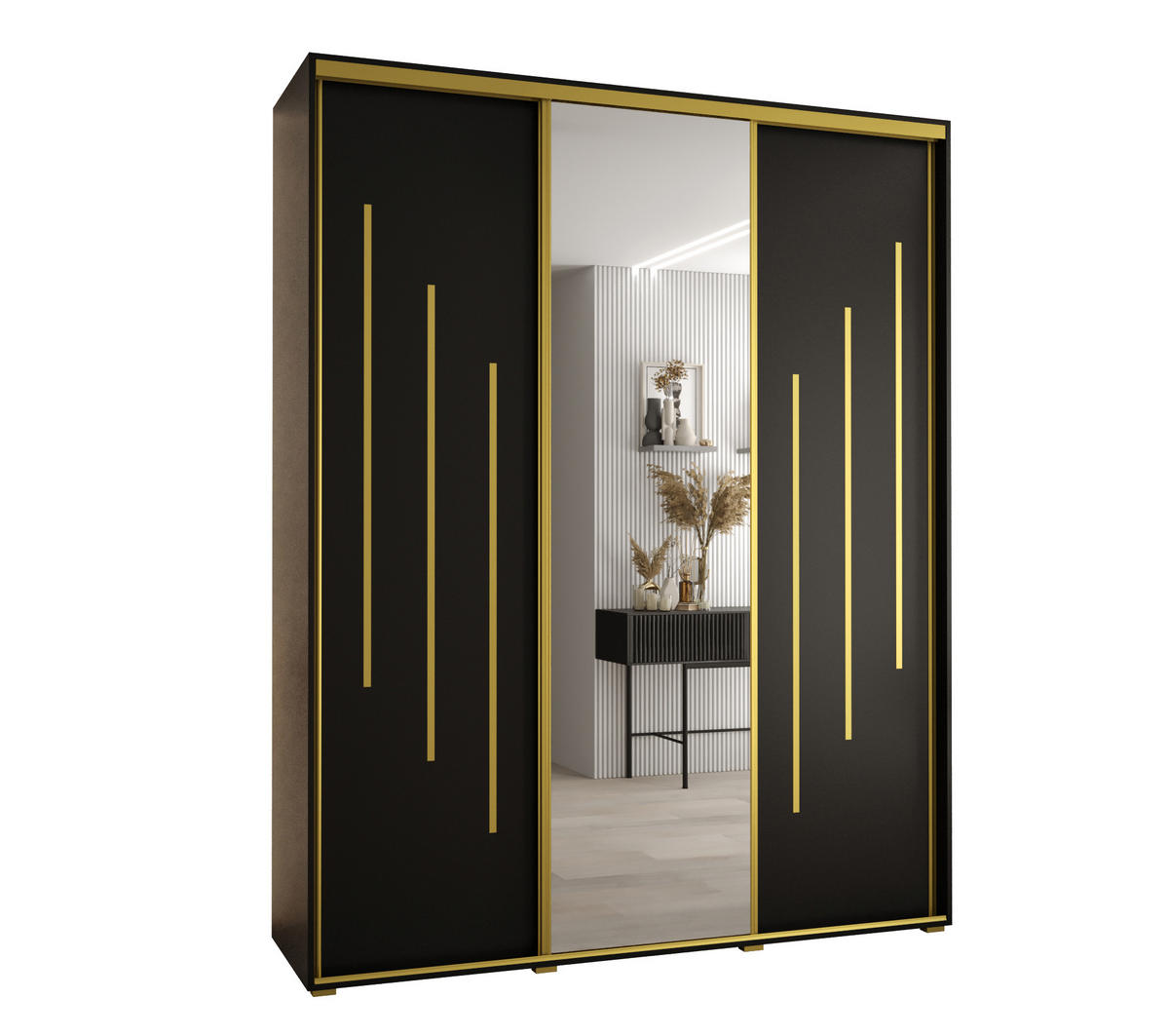 SCHWEBETÜRENSCHRANK 235,2/190/45 3-türig - Goldfarben/Schwarz, Holz/Metall (190/235/45cm) - Abiks Möbel