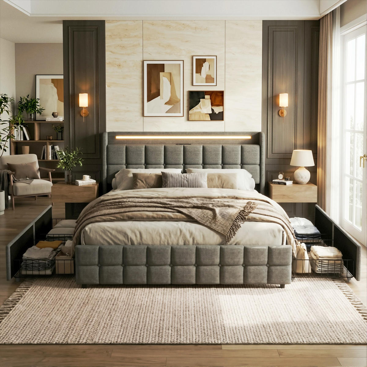 POLSTERBETT Geometrisch 160/200 cm mit 4 Schubladen & LED Leinenoptik Grau - Grau, Textil (160/200cm) - Creahappy