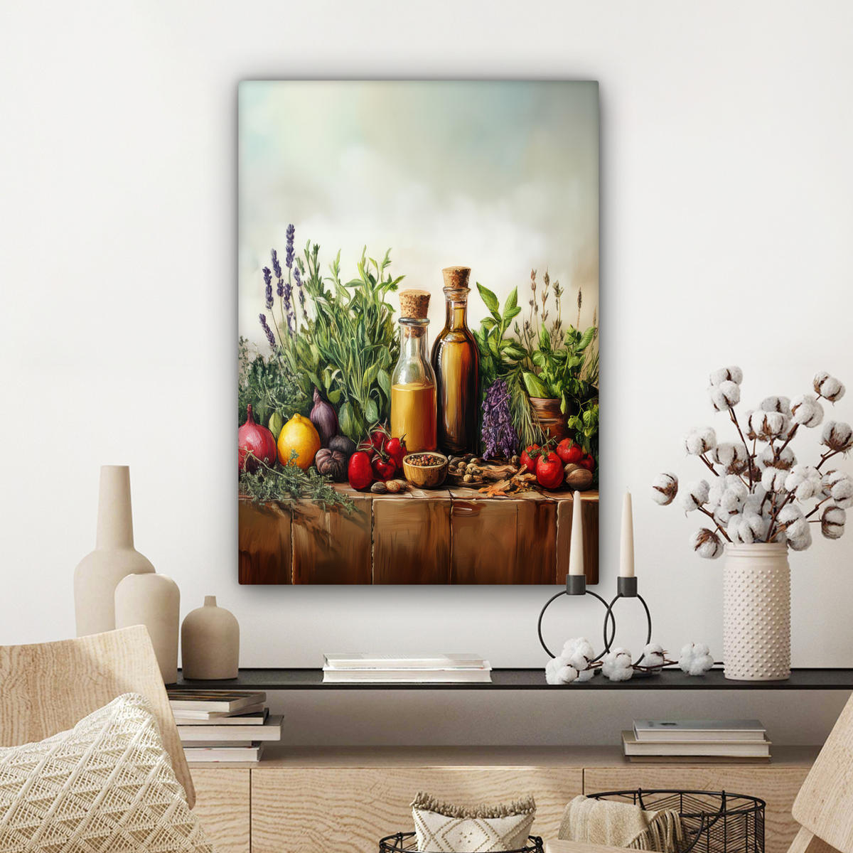 LEINWANDBILD Stilleben - Kräuter - Gewürze - Früchte - Farbenfroh 60x80 cm - Grün, Textil (60/80cm) - MuchoWow