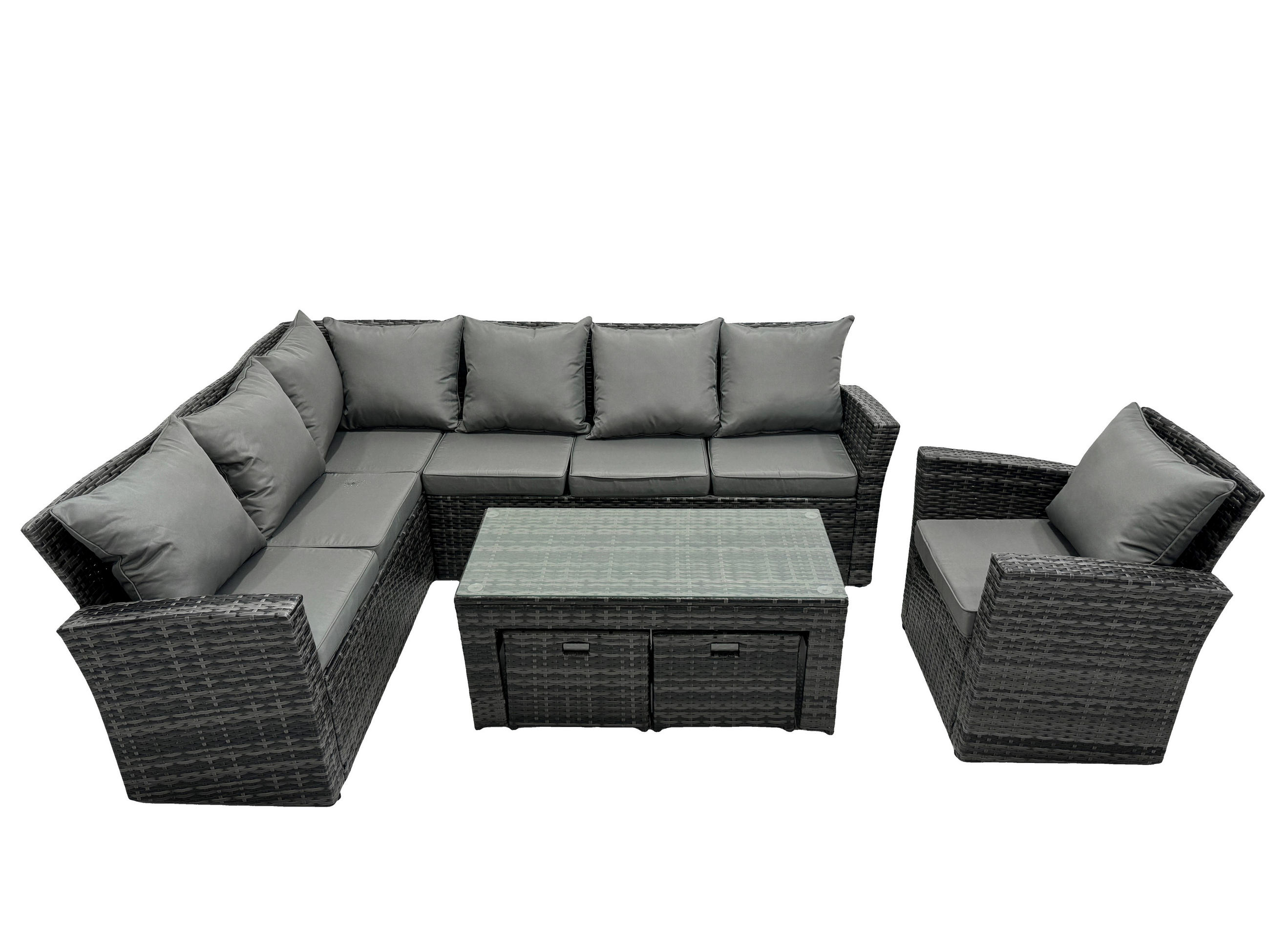 BALKONMÖBEL-SETS mit Ecksofa,Länglicher Couchtisch,Stuhl,2 Hockern Polyrattan Dunkelgrau 9-Sitzer - Dunkelgrau/Grau, Glas/Kunststoff - Fimous